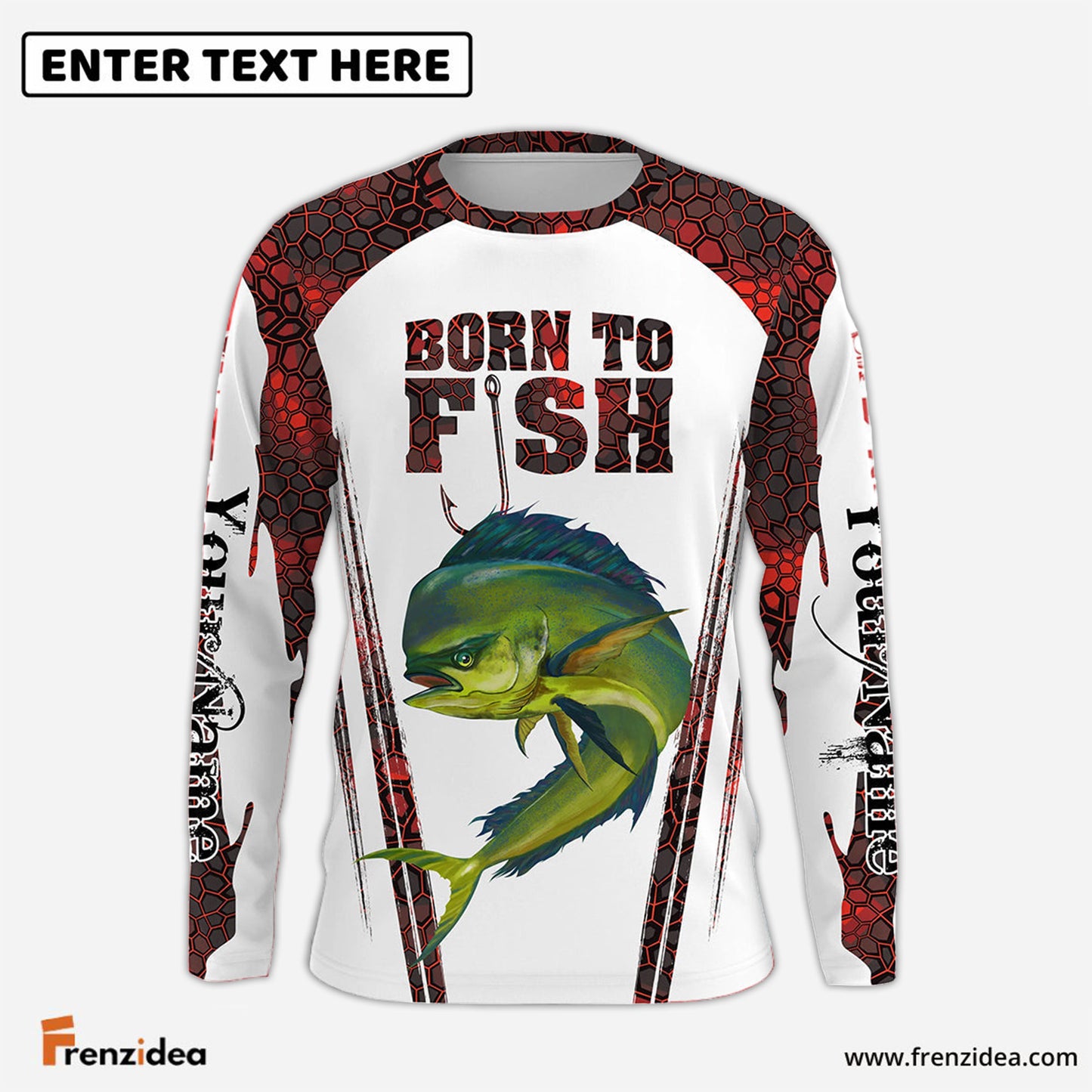 Frenzidea "Born To Fish" Mahi Mahi Fishing Red Camo Custom Name Long Sleeve Fishing Shirts