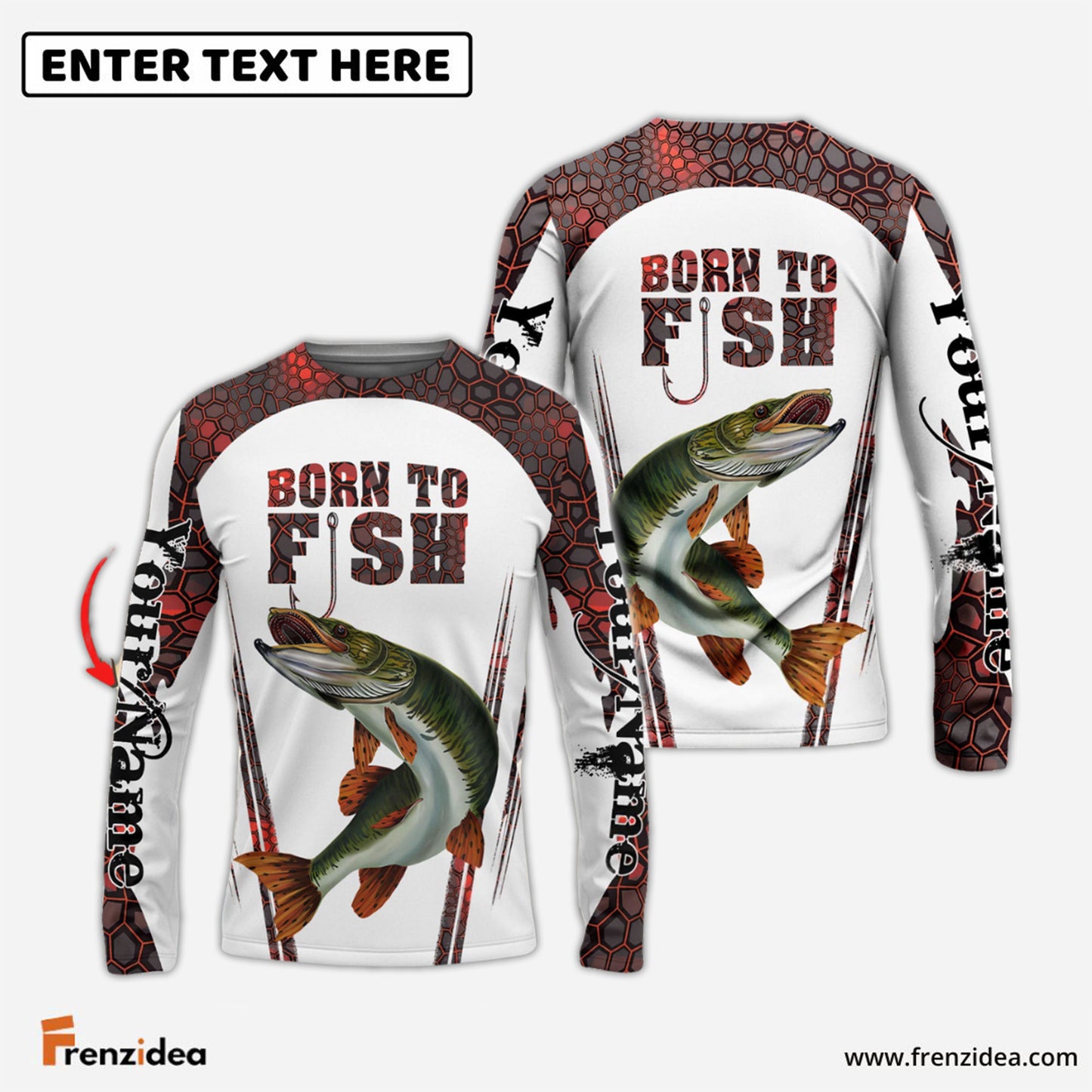 Frenzidea "Born To Fish" Musky Fishing Red Camo Custom Name Long Sleeve Fishing Shirts