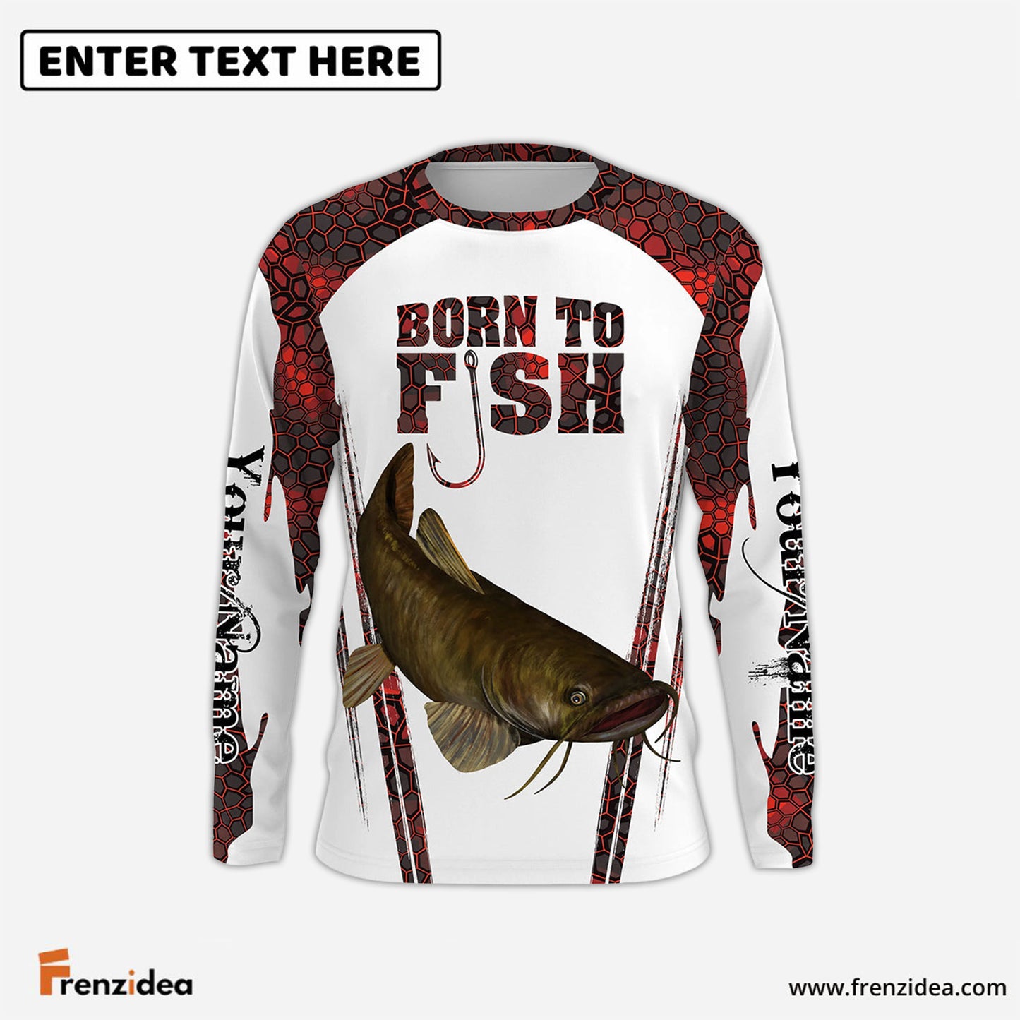 Frenzidea "Born To Fish" Catfish Fishing Red Camo Custom Name Long Sleeve Fishing Shirts