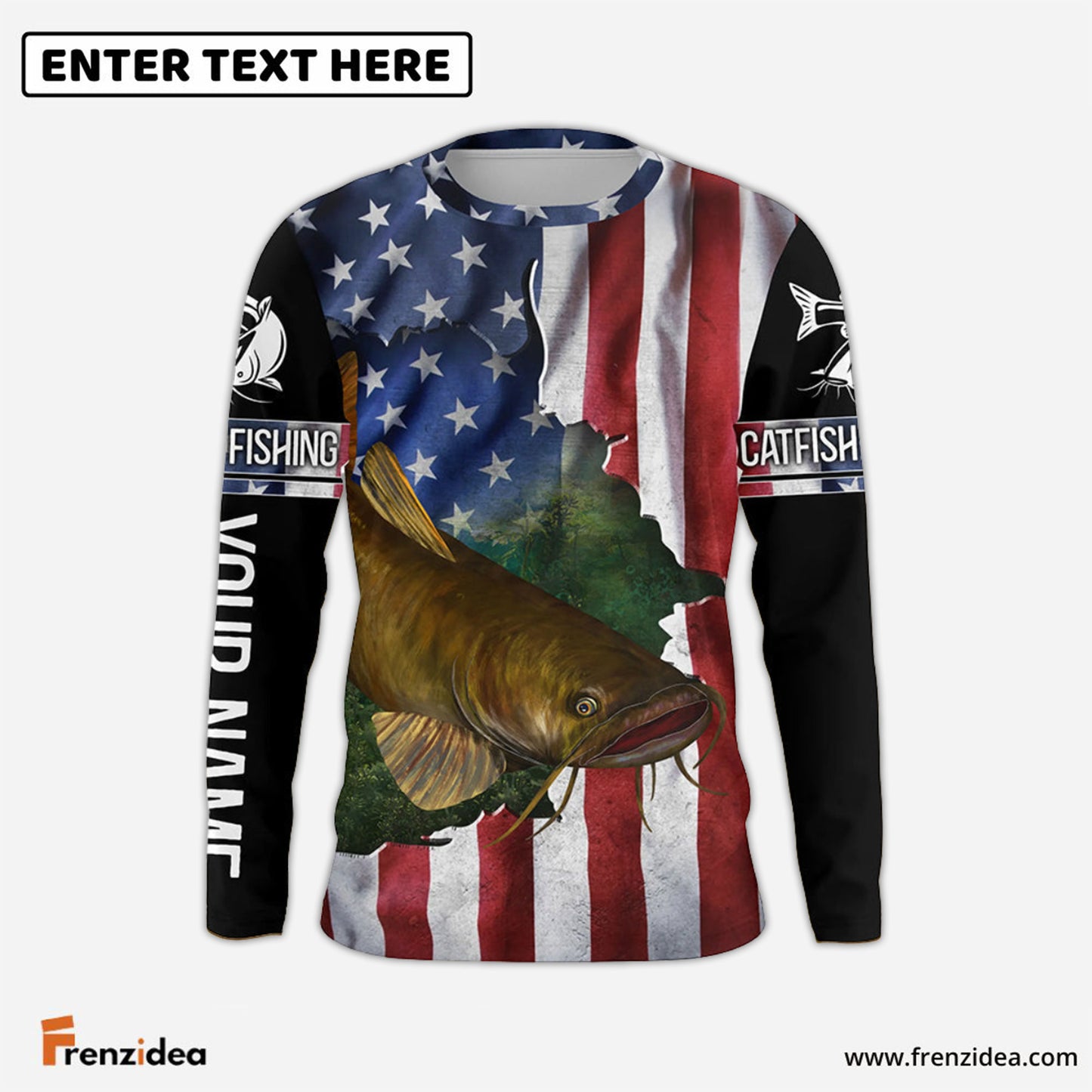 Frenzidea Flathead Catfish Fishing American Flag Patriotic Personalized Catfish Long Sleeve Fishing Shirts