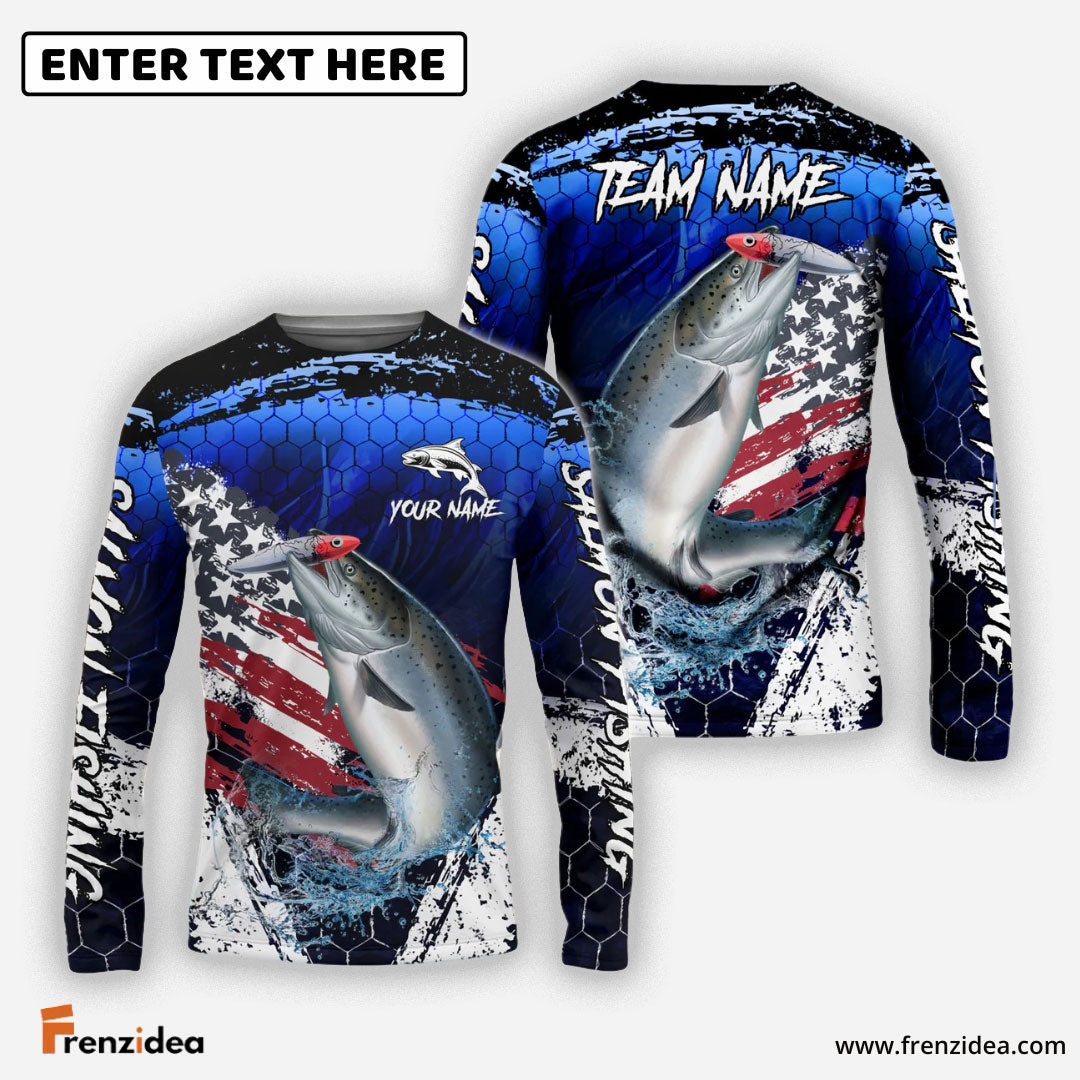 Frenzidea Salmon Fishing Dark Blue Scratch American Flag scratch Sport Custom Name & Team Name 3D Shirts