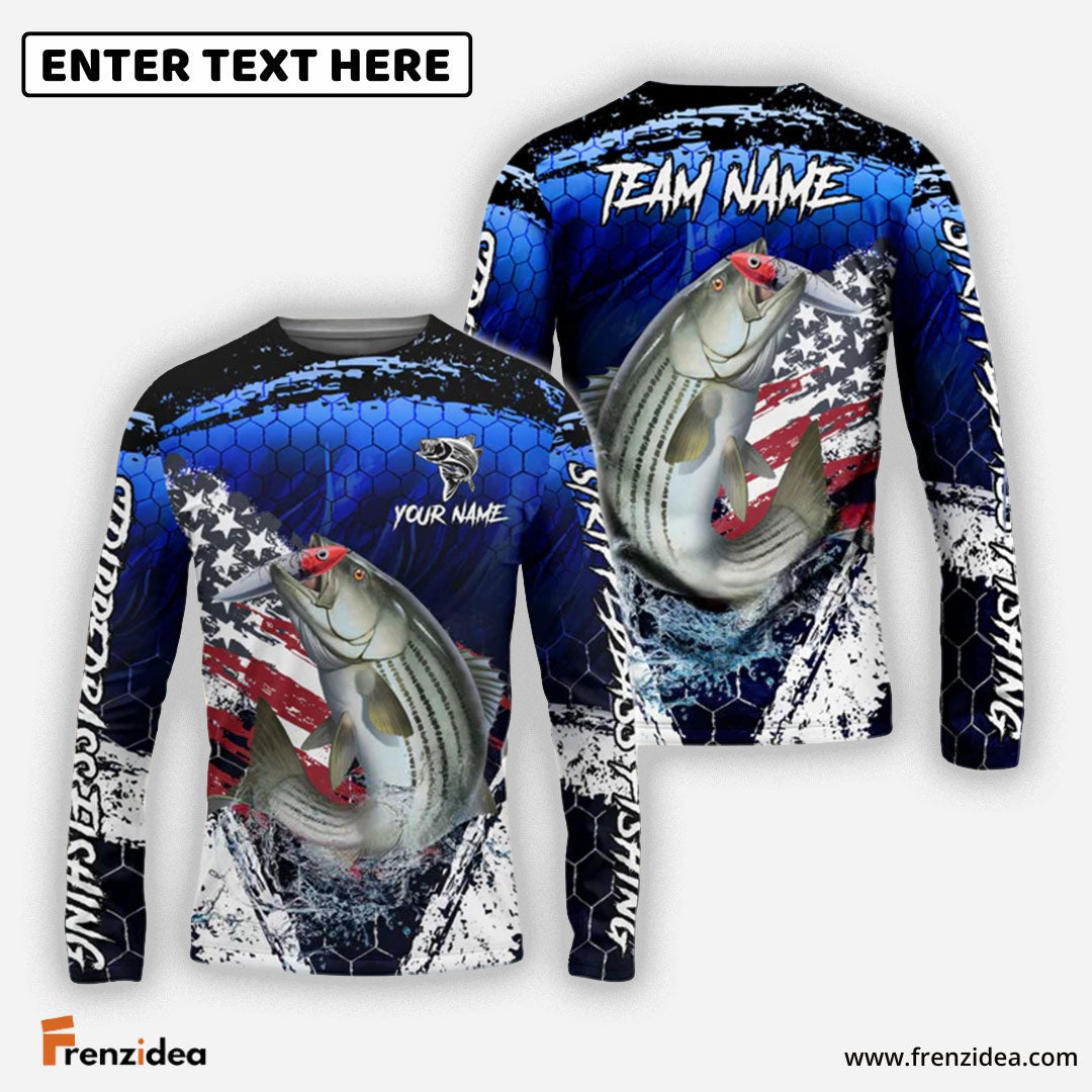 Frenzidea Striped Bass Fishing Dark Blue Scratch American Flag scratch Sport Custom Name & Team Name 3D Shirts