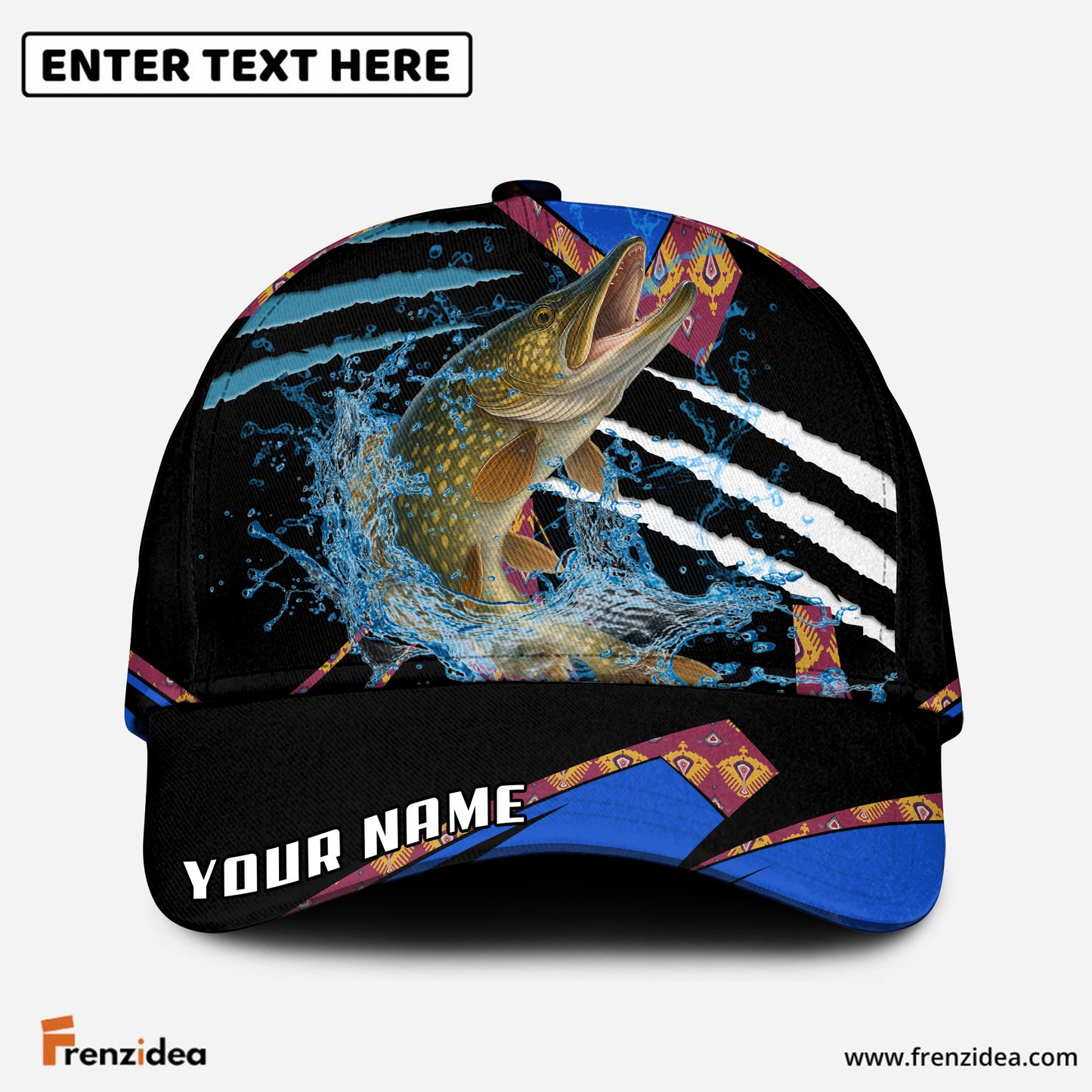 Frenzidea Pike Fishing Blue Brocade Personalized Cap