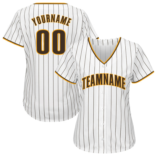 Frenzidea Custom White Brown Pinstripe Brown-Gold Baseball Jersey