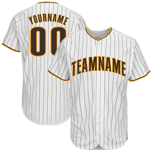 Frenzidea Custom White Brown Pinstripe Brown-Gold Baseball Jersey