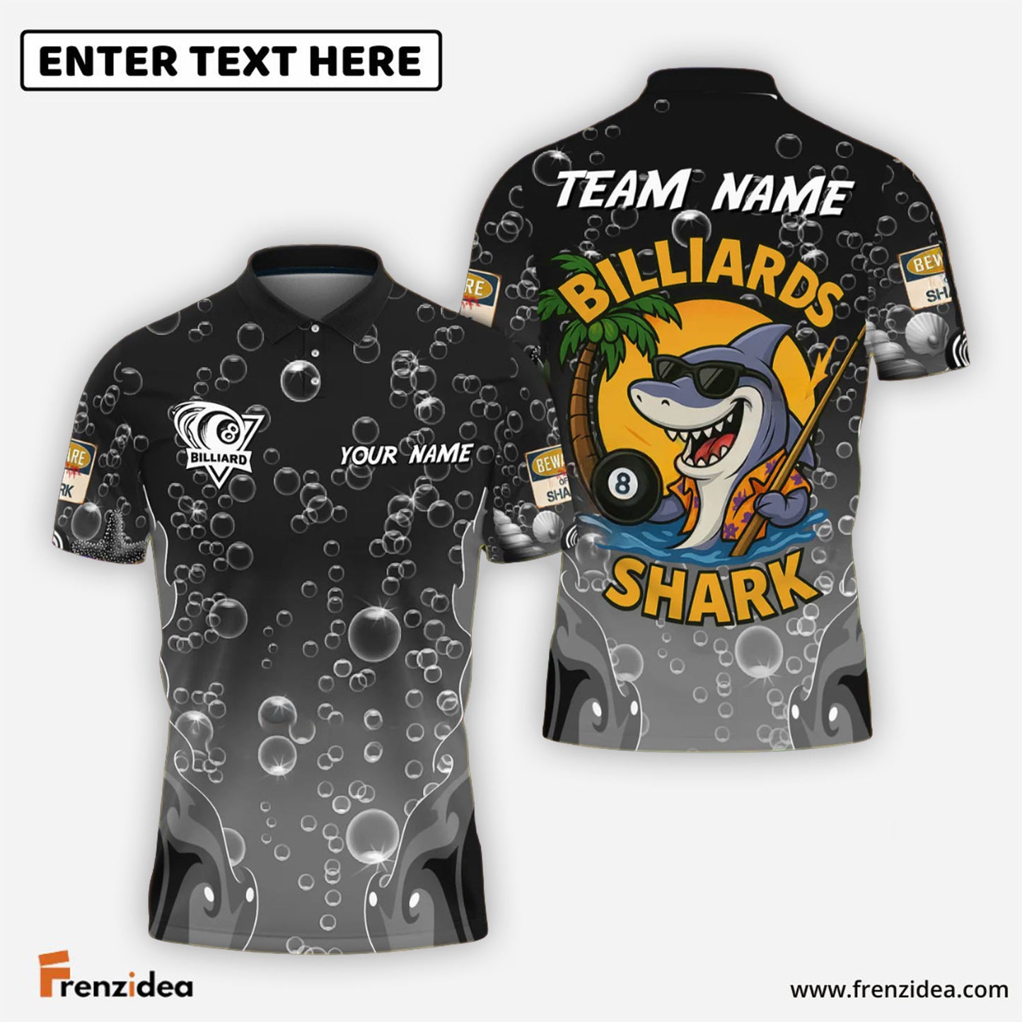 Frenzidea Billiards Ball 8 Funny Cartoon Shark, Bubble Design Personalized Name Shirt (4 Colors)