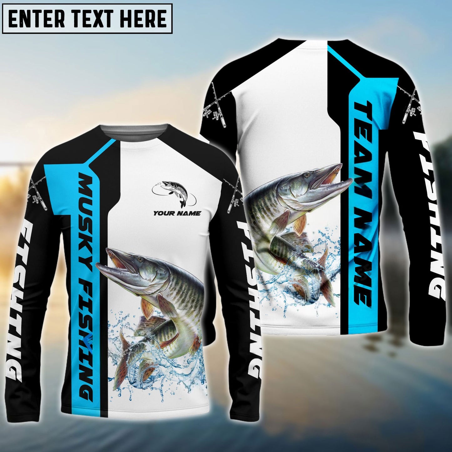 Frenzidea Musky Fishing Blue Line Sport Custom Name & Team Name 3D Shirts