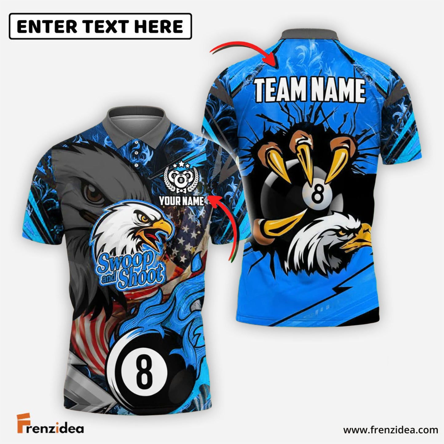 Frenzidea Billiards Ball 8 Eagle Claw Firestorm American Flag Personalized Name Shirt (4 Colors)