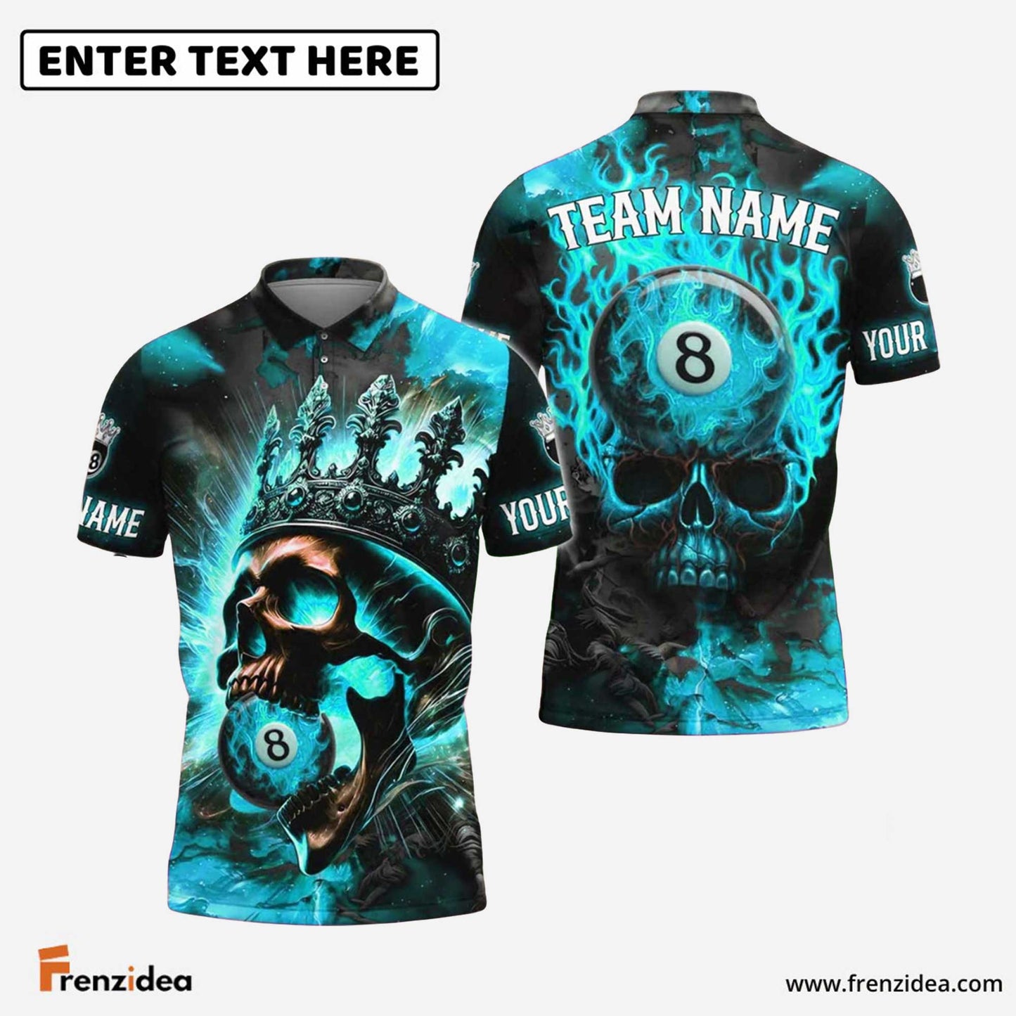 Frenzidea Billiards Ball 8 Inferno Skull King Personalized Name Shirt (4 Colors)