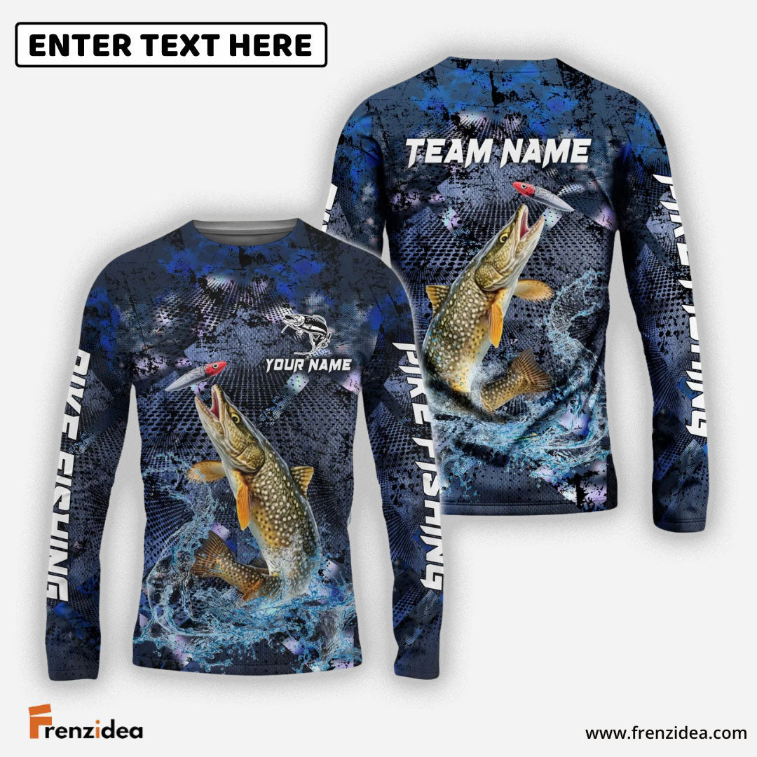 Frenzidea Pike Fishing Dark Blue Camouflage Custom Name & Team Name 3D Shirts