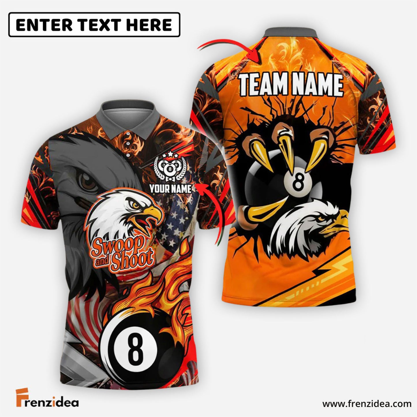 Frenzidea Billiards Ball 8 Eagle Claw Firestorm American Flag Personalized Name Shirt (4 Colors)