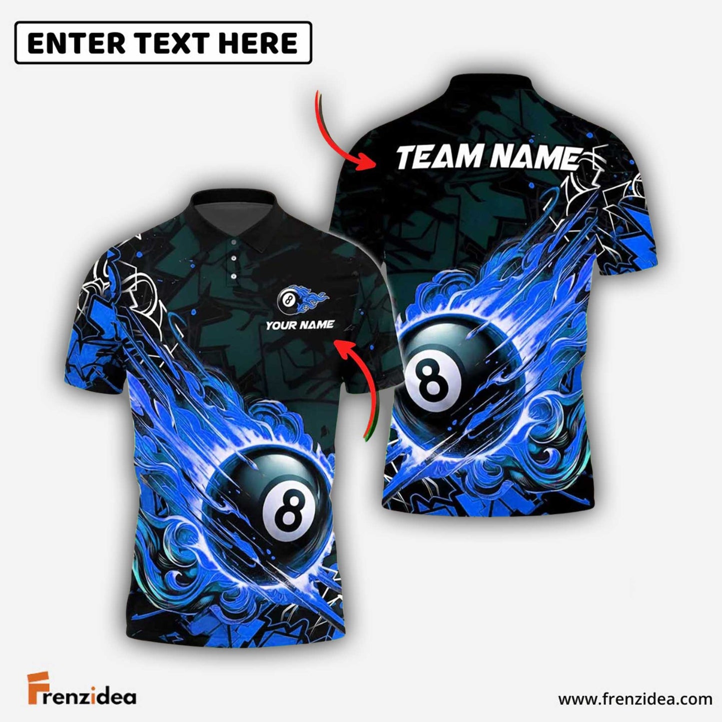 Frenzidea Billiards Ball 8 Fireball Magic Personalized Name Shirt (4 Colors)