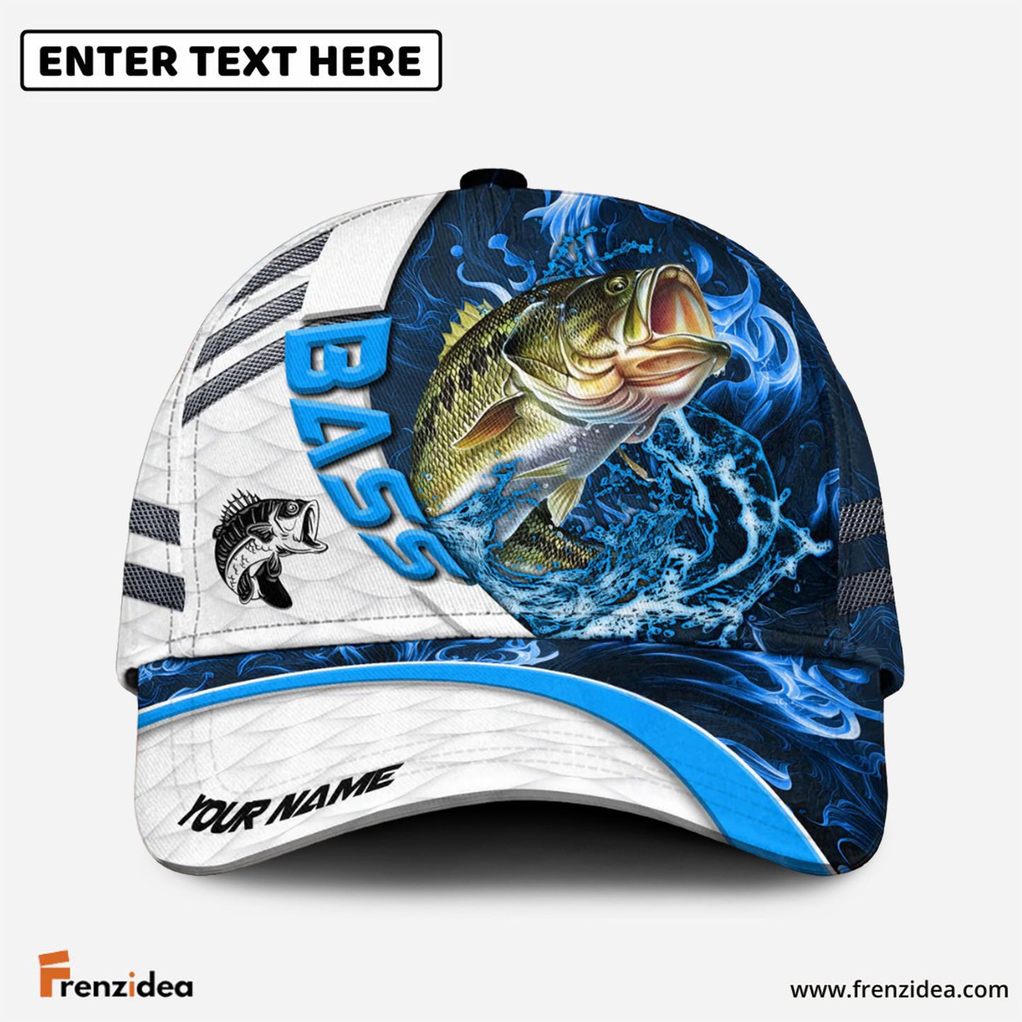 Frenzidea Bass Fishing White Blue Lava Sport Personalized Cap