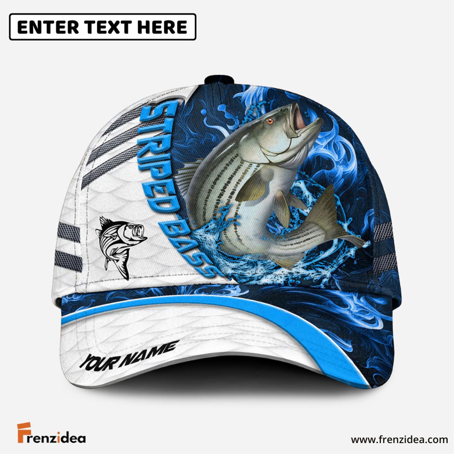 Frenzidea Striped Bass Fishing White Blue Lava Sport Personalized Cap