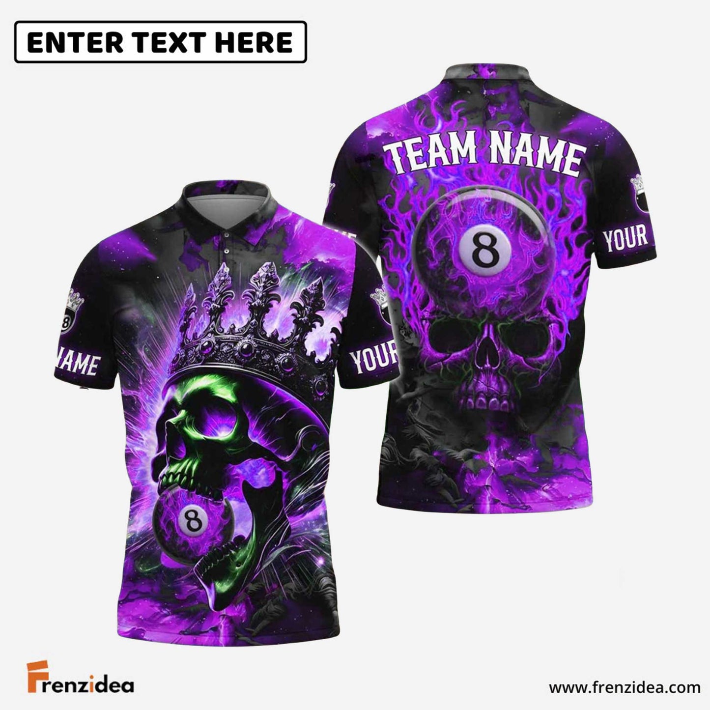 Frenzidea Billiards Ball 8 Inferno Skull King Personalized Name Shirt (4 Colors)