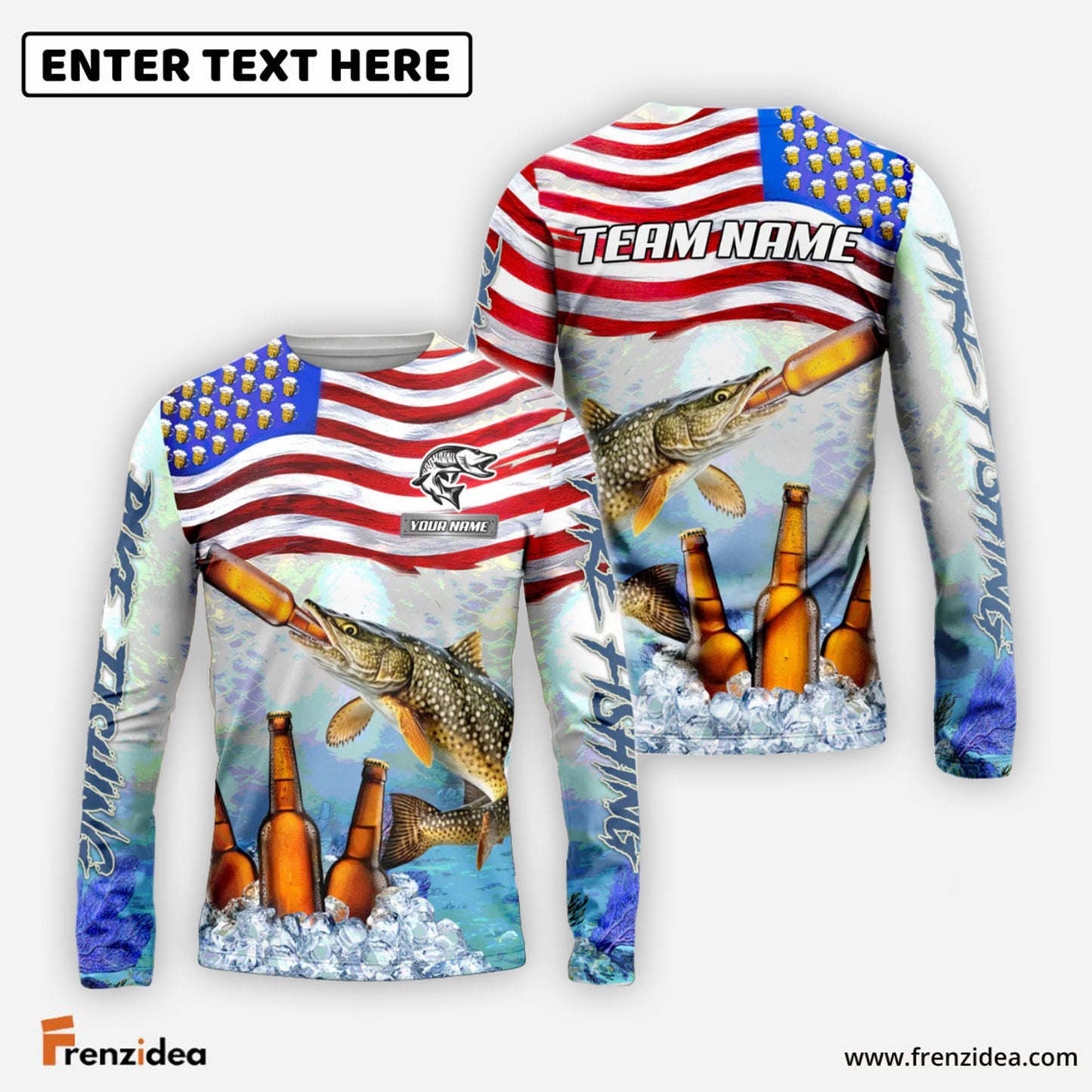 Frenzidea Pike Fishing American Flag Beer Custom Name & Team Name 3D Shirts