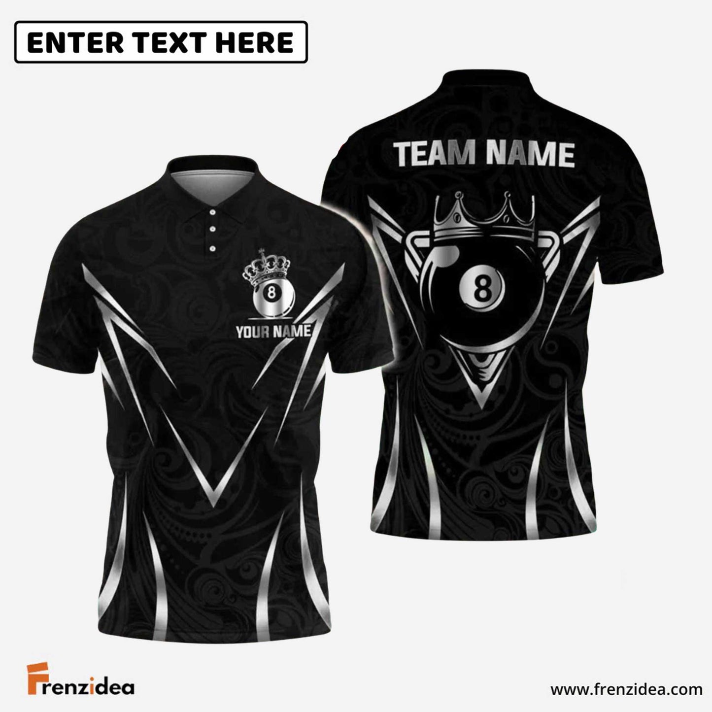 Frenzidea Billiards Ball 8 King Crown Design Personalized Name, Team Name Shirt (6 Colors)