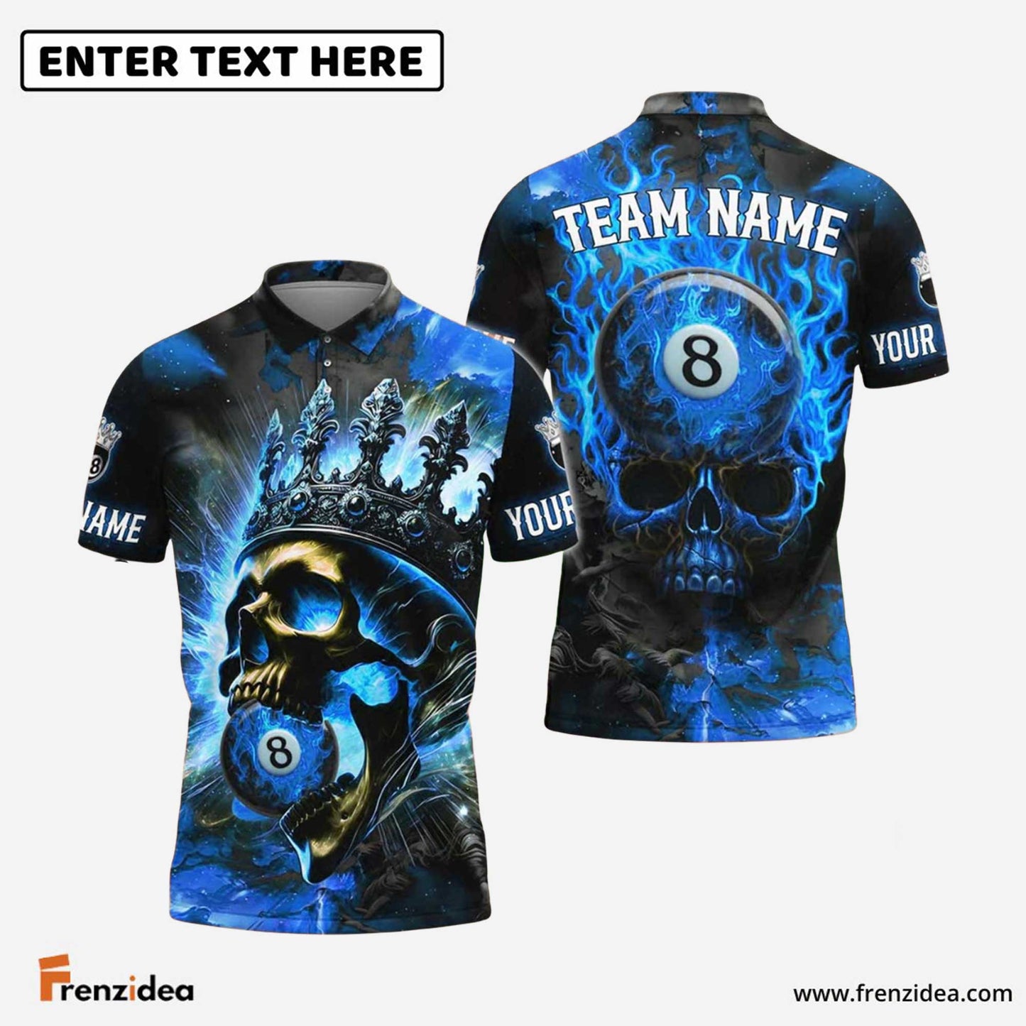 Frenzidea Billiards Ball 8 Inferno Skull King Personalized Name Shirt (4 Colors)