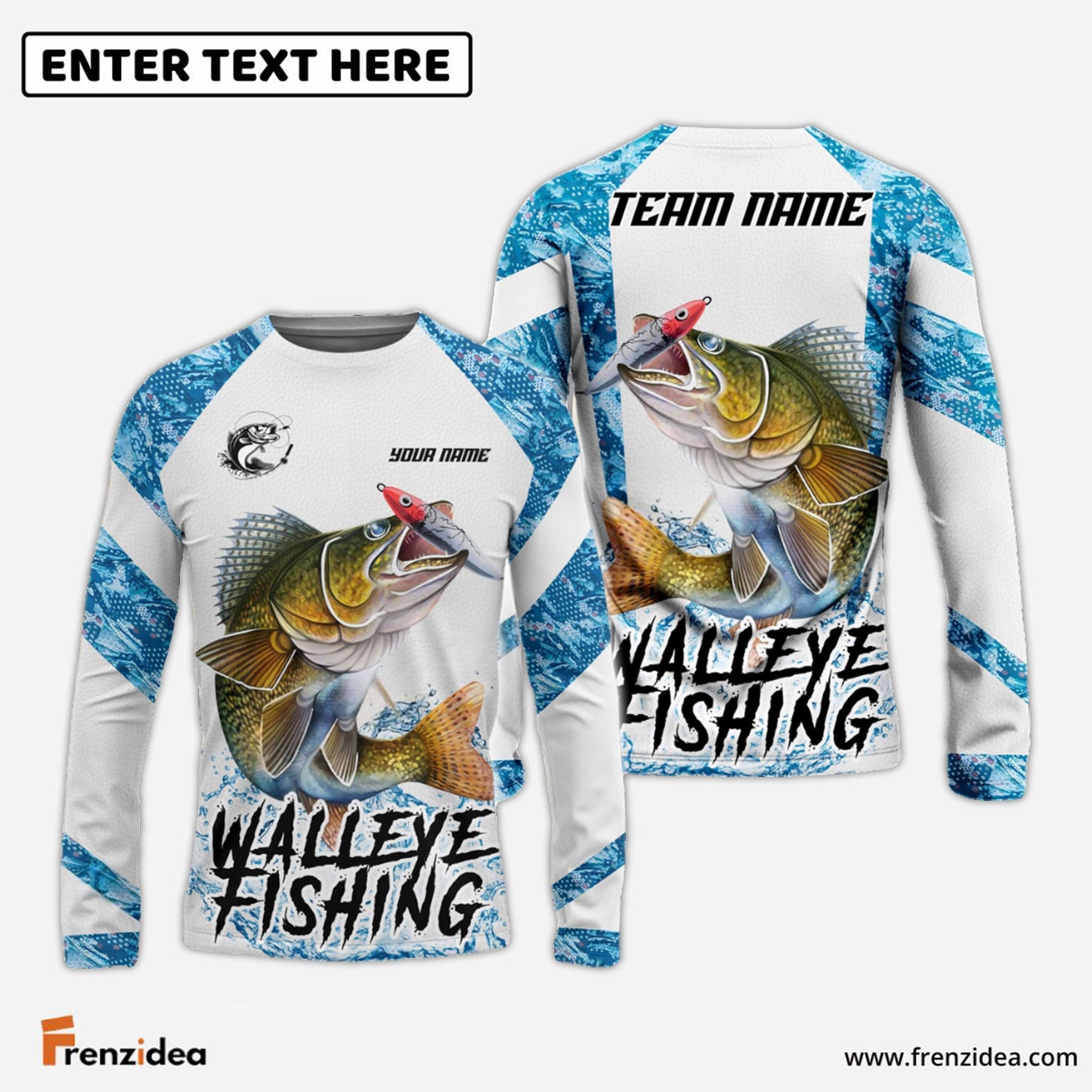 Frenzidea Walleye Fishing Blue Camo White Pattern Sport Custom Name & Team Name 3D Shirts