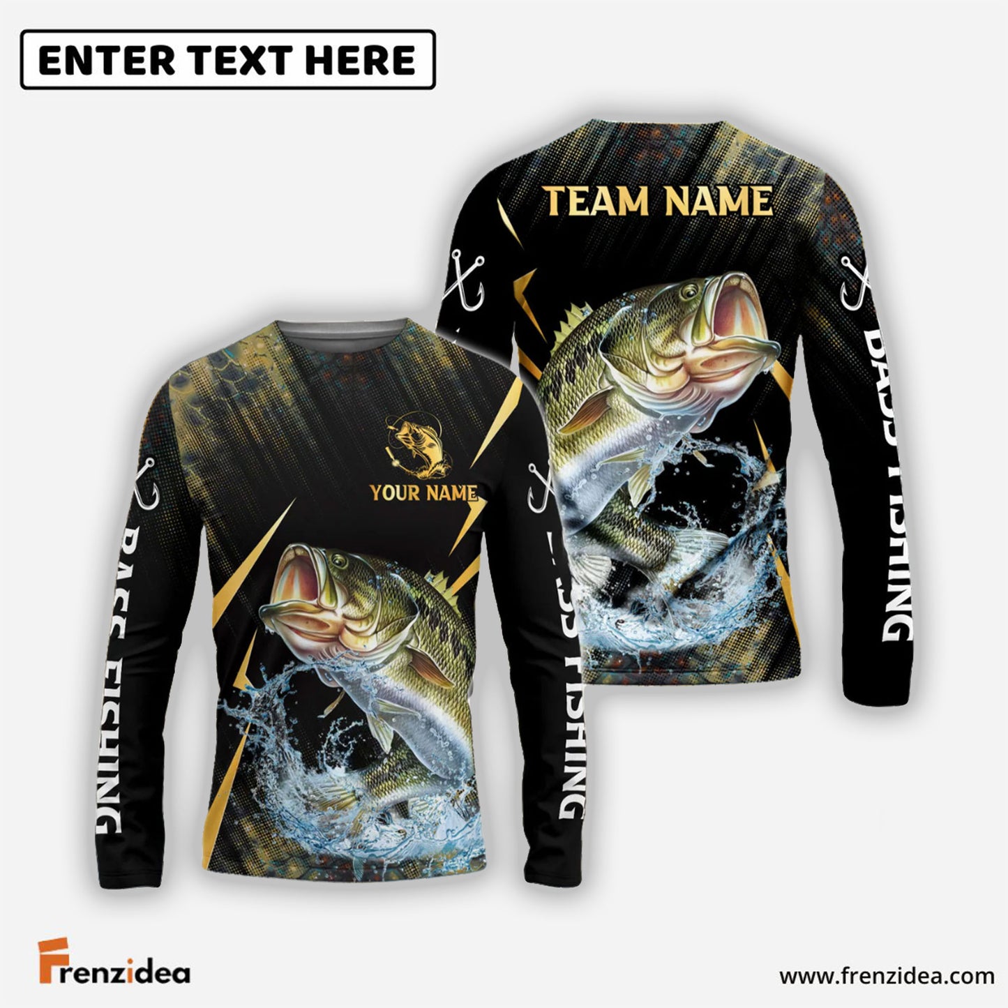 Frenzidea Bass Fishing Golden With Skinfish Pattern Custom Name & Team Name 3D Shirts