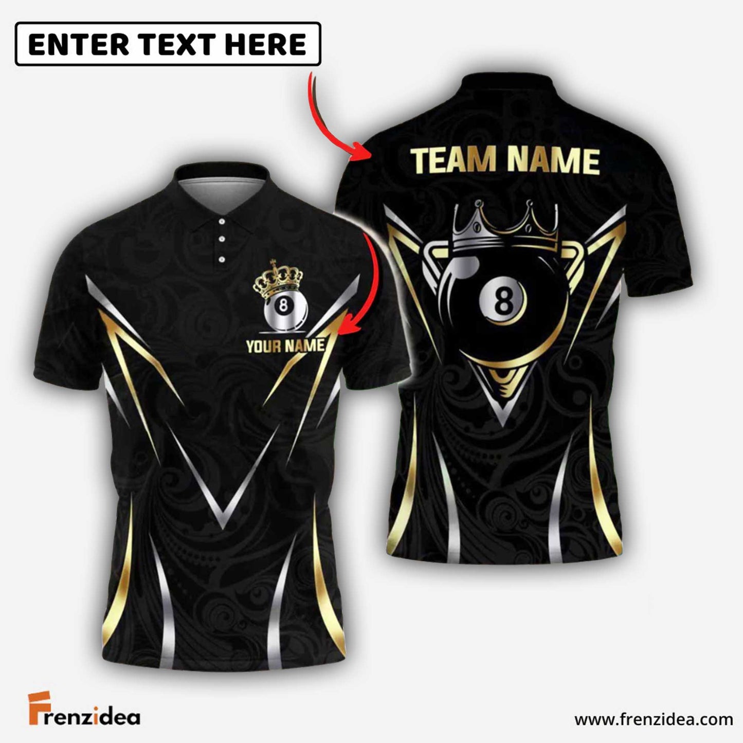 Frenzidea Billiards Ball 8 King Crown Design Personalized Name, Team Name Shirt (6 Colors)