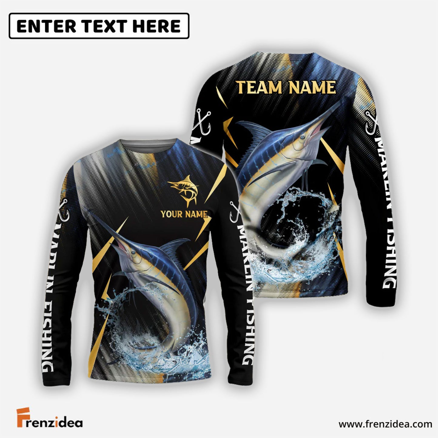 Frenzidea Marlin Fishing Golden With Skinfish Pattern Custom Name & Team Name 3D Shirts