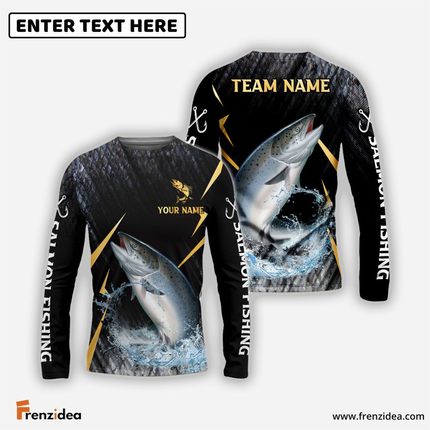 Frenzidea Salmon Fishing Golden With Skinfish Pattern Custom Name & Team Name 3D Shirts