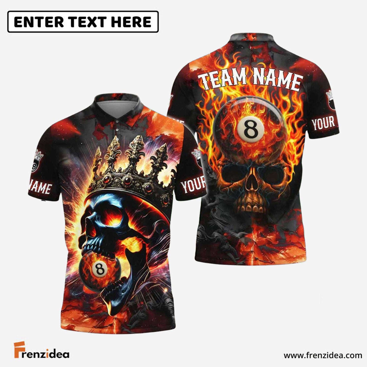 Frenzidea Billiards Ball 8 Inferno Skull King Personalized Name Shirt (4 Colors)