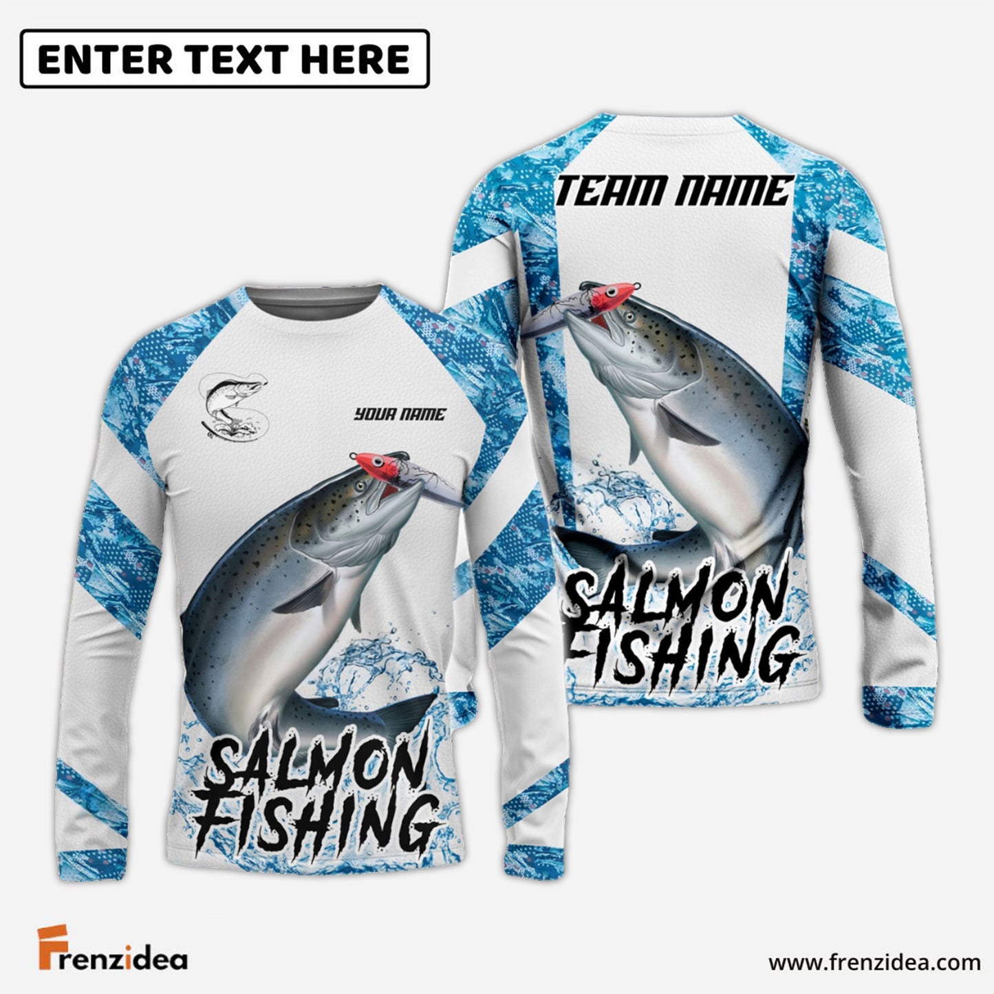 Frenzidea Salmon Fishing Blue Camo White Pattern Sport Custom Name & Team Name 3D Shirts