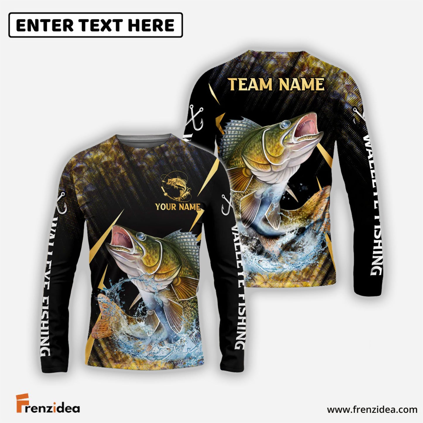 Frenzidea Walleye Fishing Golden With Skinfish Pattern Custom Name & Team Name 3D Shirts