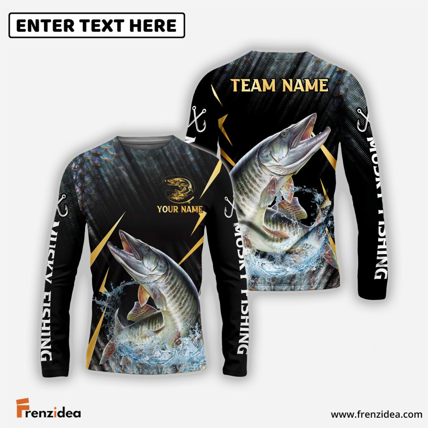 Frenzidea Musky Fishing Golden With Skinfish Pattern Custom Name & Team Name 3D Shirts