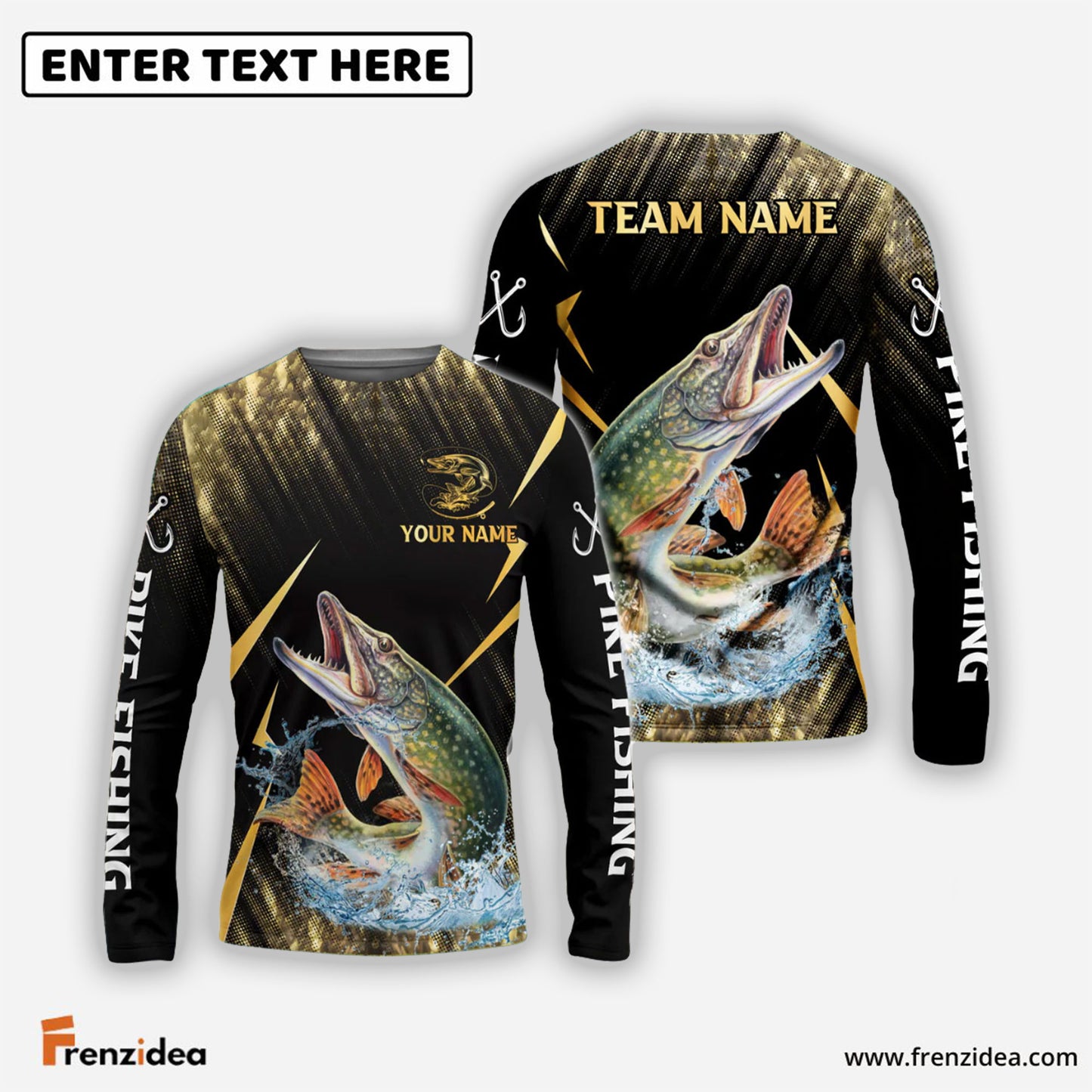 Frenzidea Pike Fishing Golden With Skinfish Pattern Custom Name & Team Name 3D Shirts