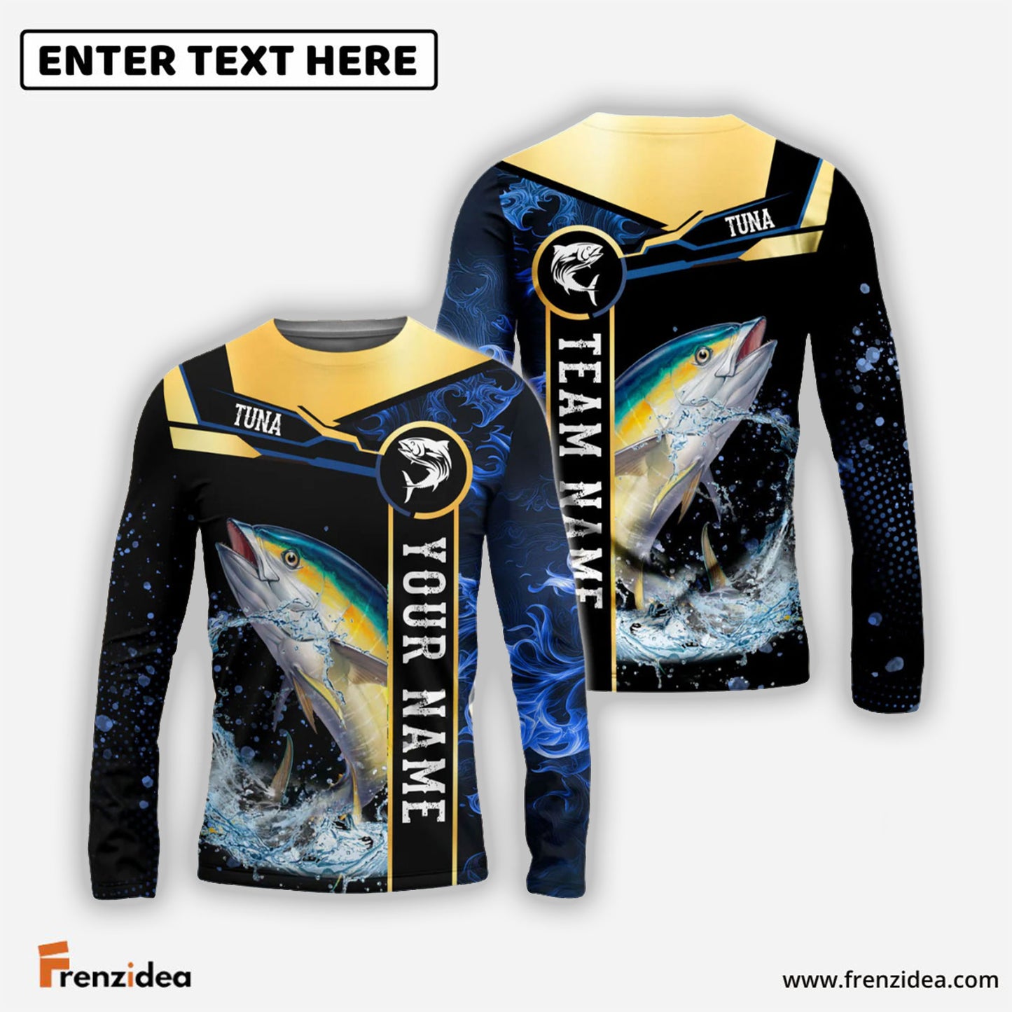 Frenzidea Tuna Fishing Golden With Blue Flame Pattern Custom Name & Team Name 3D Shirts