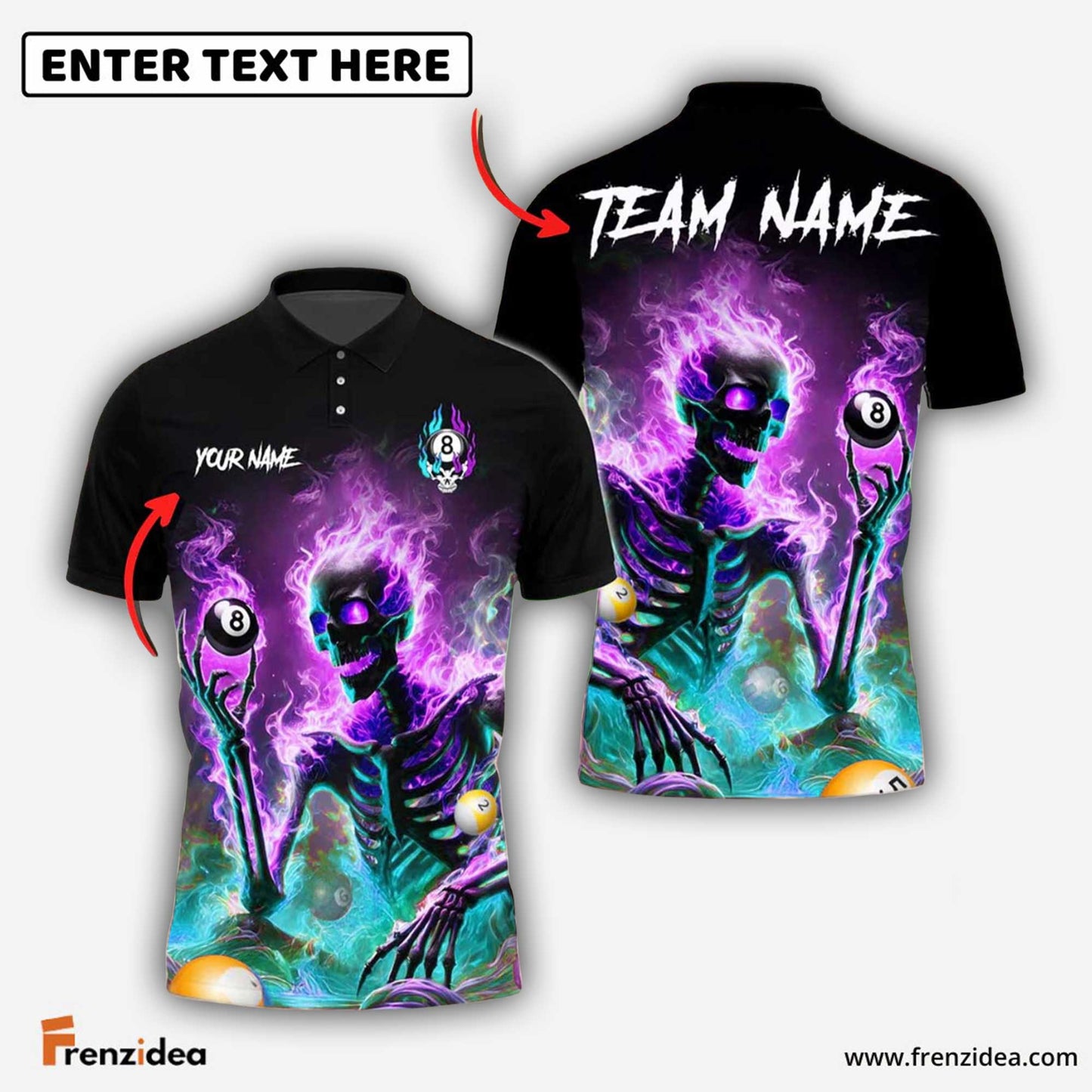 Frenzidea Billiards Ball 8 Skeleton On Fire Personalized Name Shirt (4 Colors)