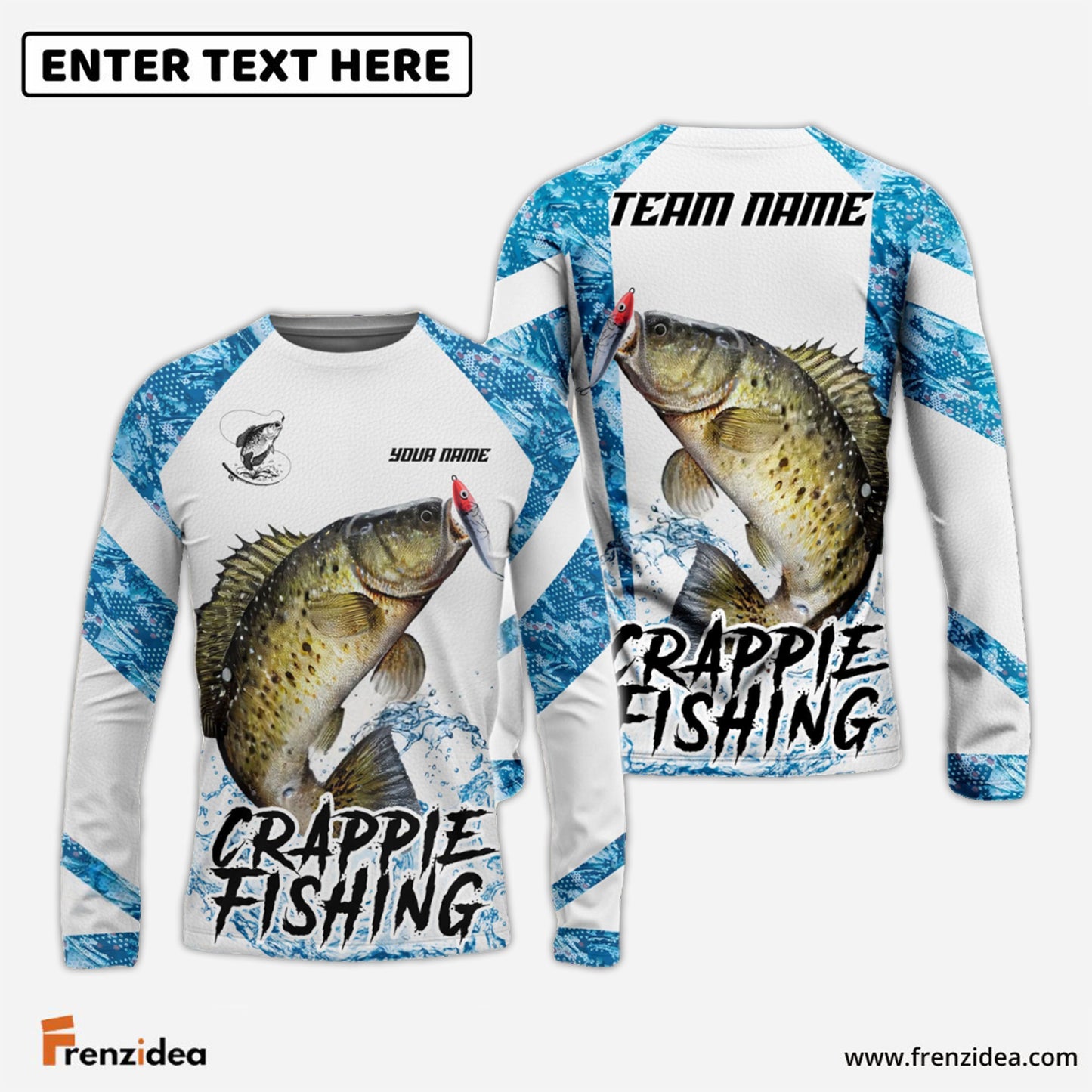 Frenzidea Crappie Fishing Blue Camo White Pattern Sport Custom Name & Team Name 3D Shirts