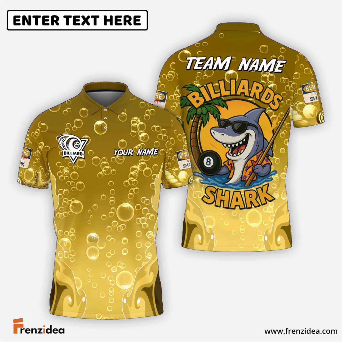 Frenzidea Billiards Ball 8 Funny Cartoon Shark, Bubble Design Personalized Name Shirt (4 Colors)