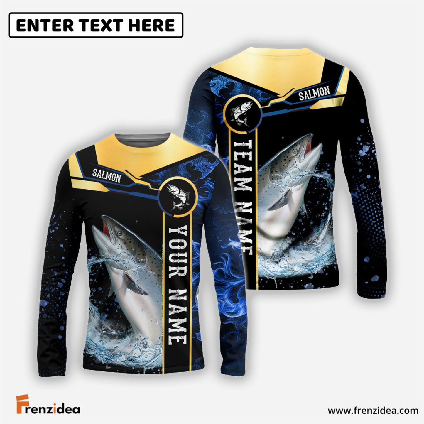 Frenzidea Salmon Fishing Golden With Blue Flame Pattern Custom Name & Team Name 3D Shirts