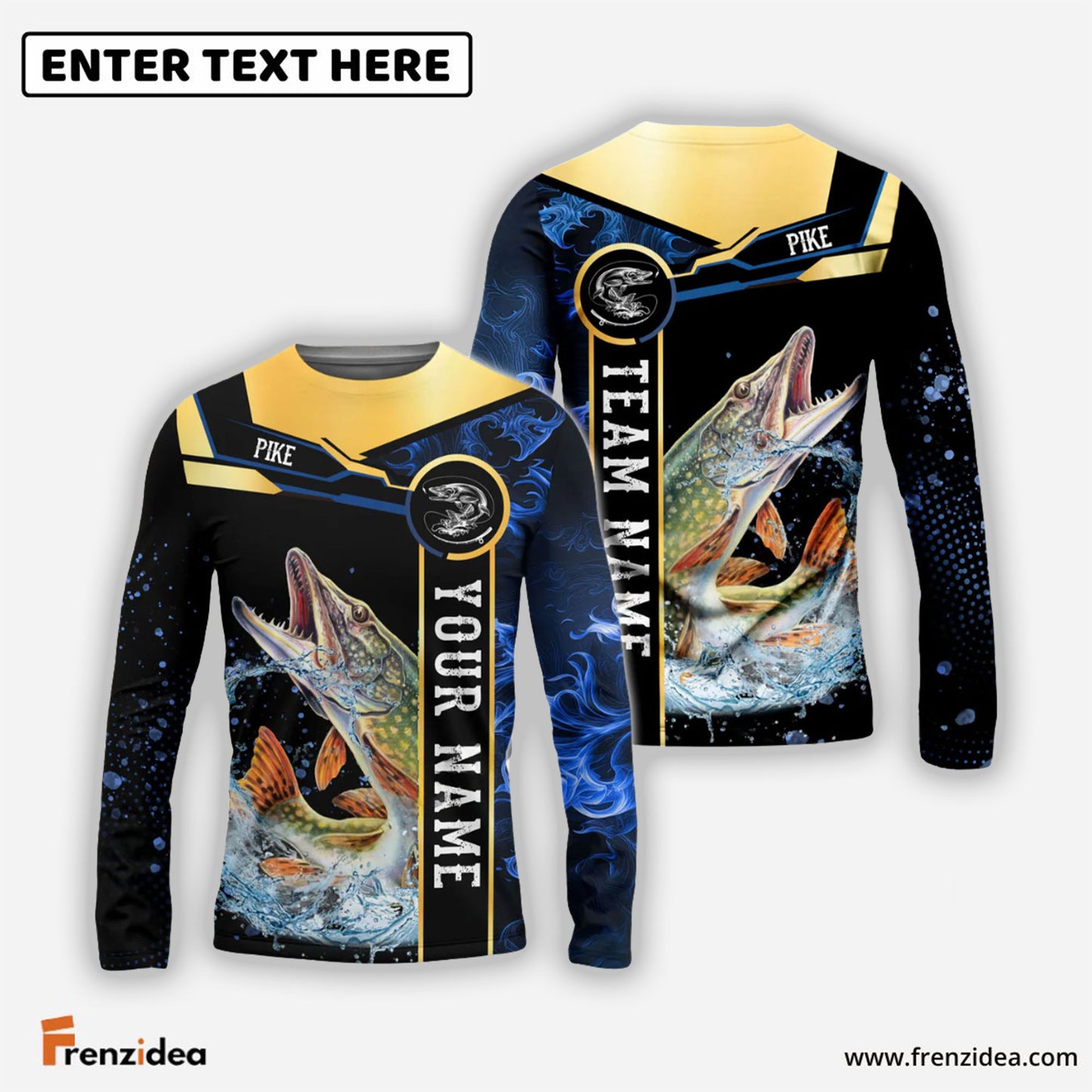 Frenzidea Pike Fishing Golden With Blue Flame Pattern Custom Name & Team Name 3D Shirts