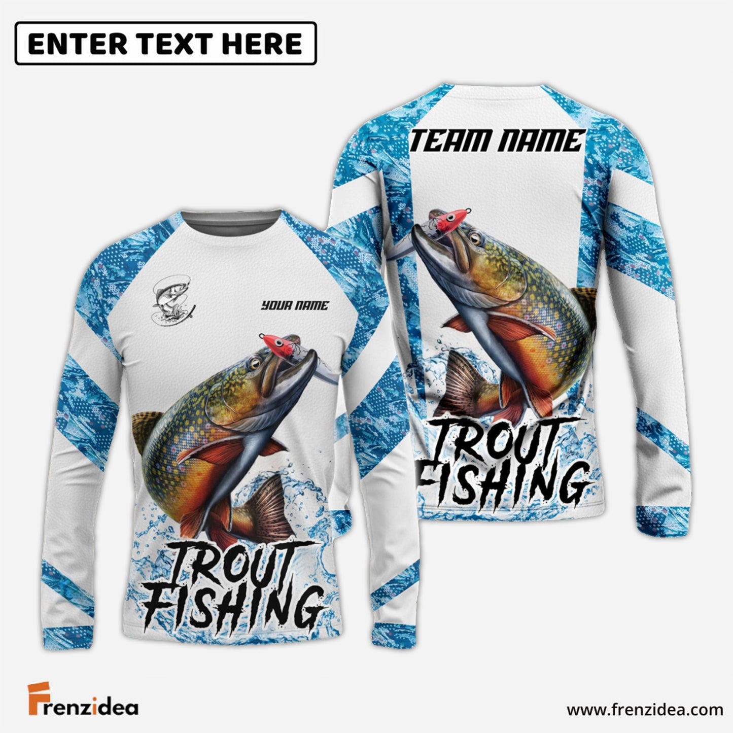 Frenzidea Trout Fishing Blue Camo White Pattern Sport Custom Name & Team Name 3D Shirts