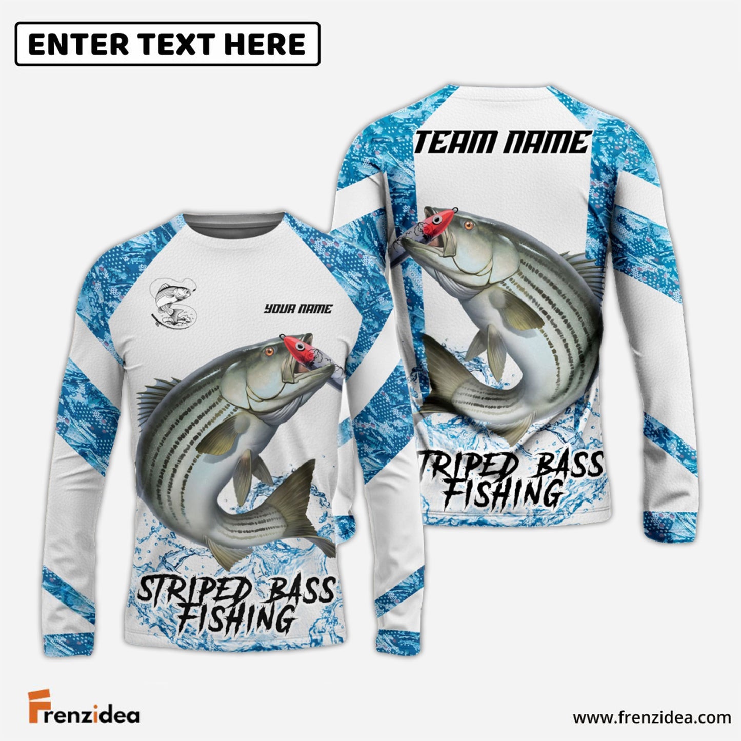 Frenzidea Striped Bass Fishing Blue Camo White Pattern Sport Custom Name & Team Name 3D Shirts