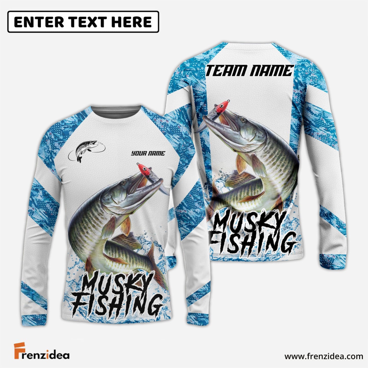 Frenzidea Musky Fishing Blue Camo White Pattern Sport Custom Name & Team Name 3D Shirts