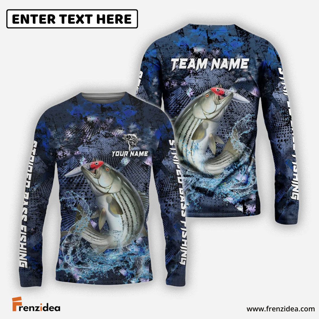 Frenzidea Striped Bass Fishing Dark Blue Camouflage Custom Name & Team Name 3D Shirts