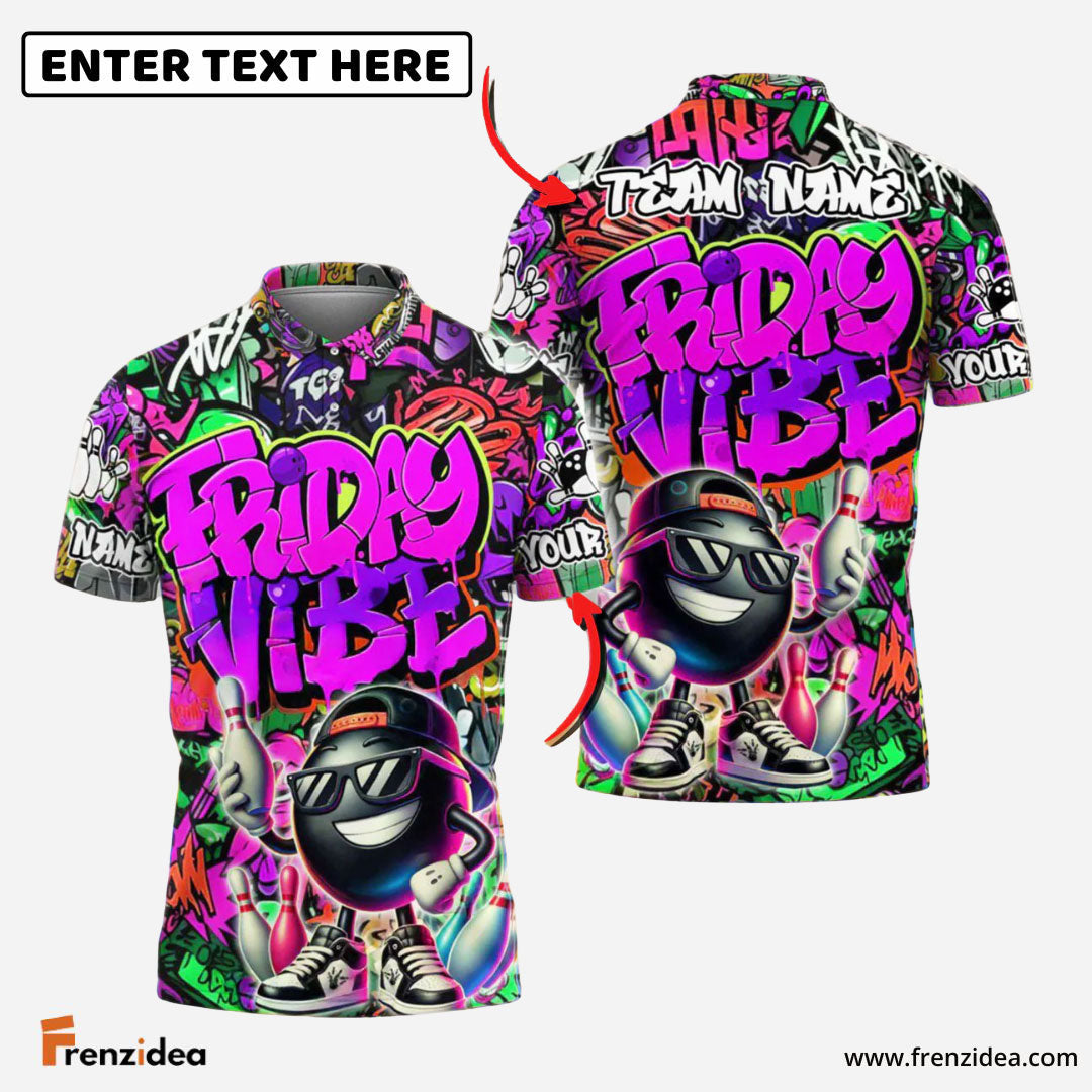 Frenzidea Bowling And Pins Friday Vibe Graffiti Street Style Customized Name, Team Name 3D Shirt (4 Colors)