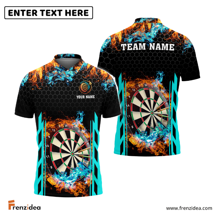 Frenzidea Red and Blur Fire Dart Board Personalized Name, Team Name 3D Shirt (6 Colors)
