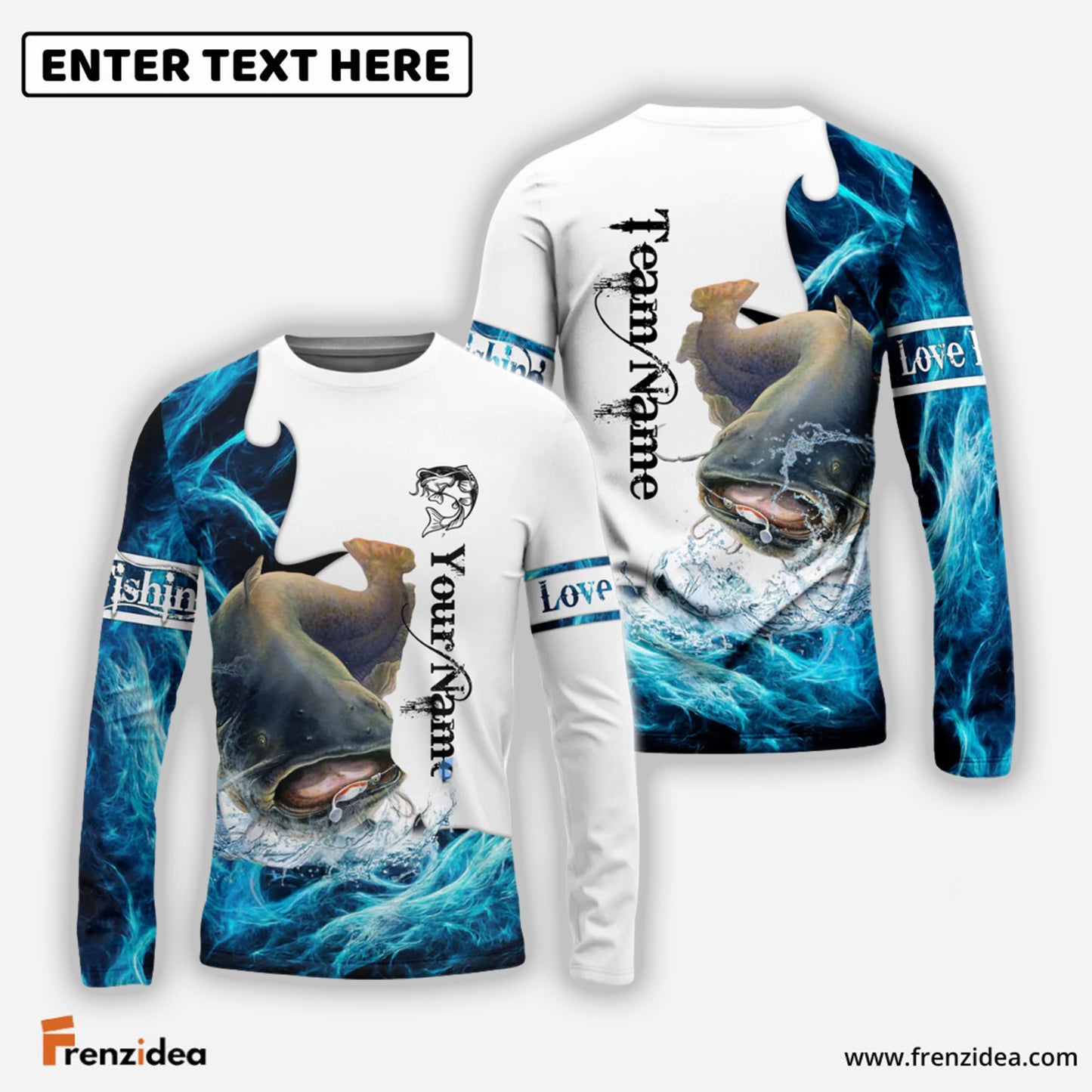 Frenzidea Customize Name, Team Name Catfish Fishing Water & White 3D Shirts