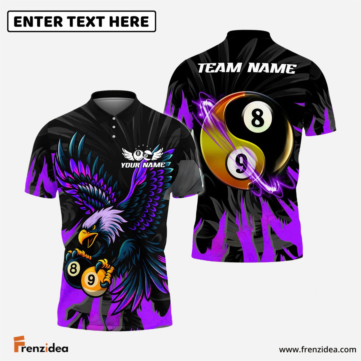 Frenzidea Billiards Ball 8&9 Yinyang Eagle Flame Personalized Name Shirt (4 Colors)