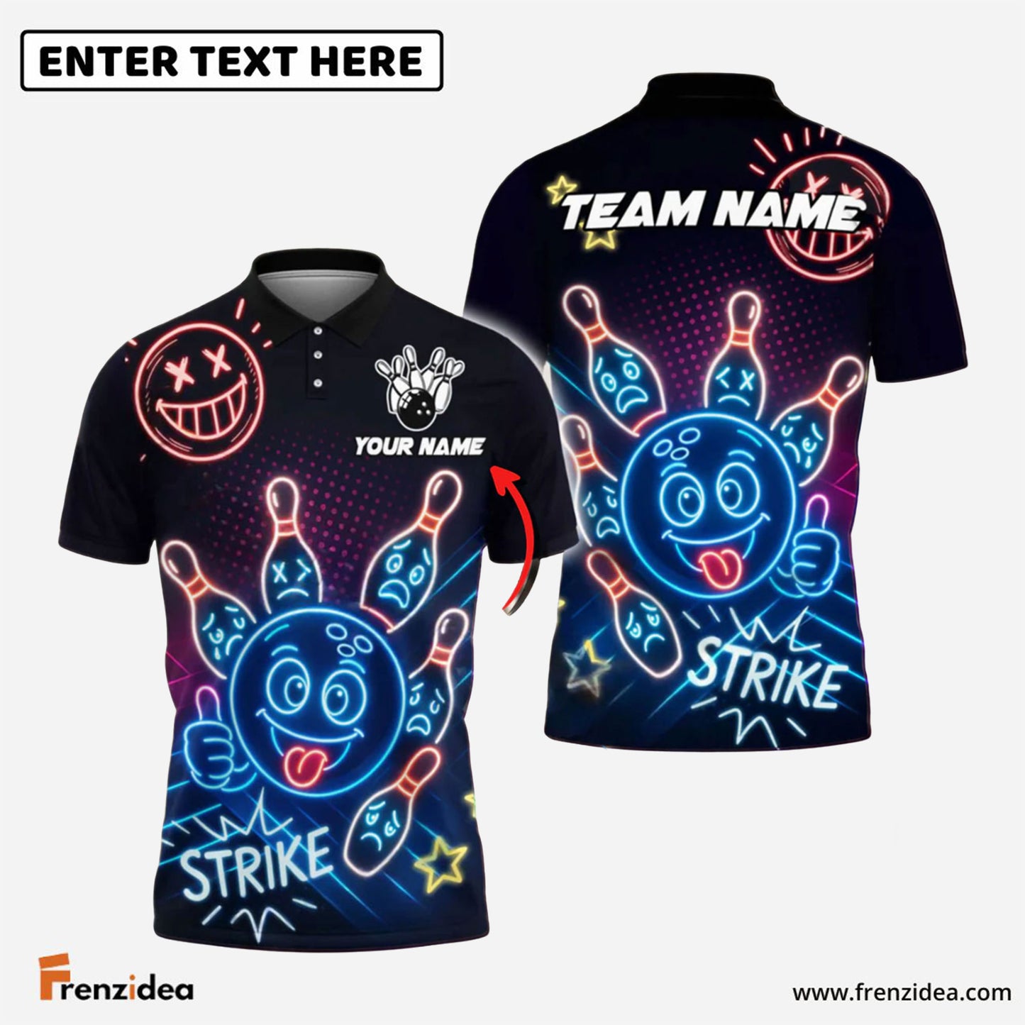 Frenzidea Bowling Neon Bowling Ball Strike Funny Customized Name, Team Name 3D Shirt (4 Colors)
