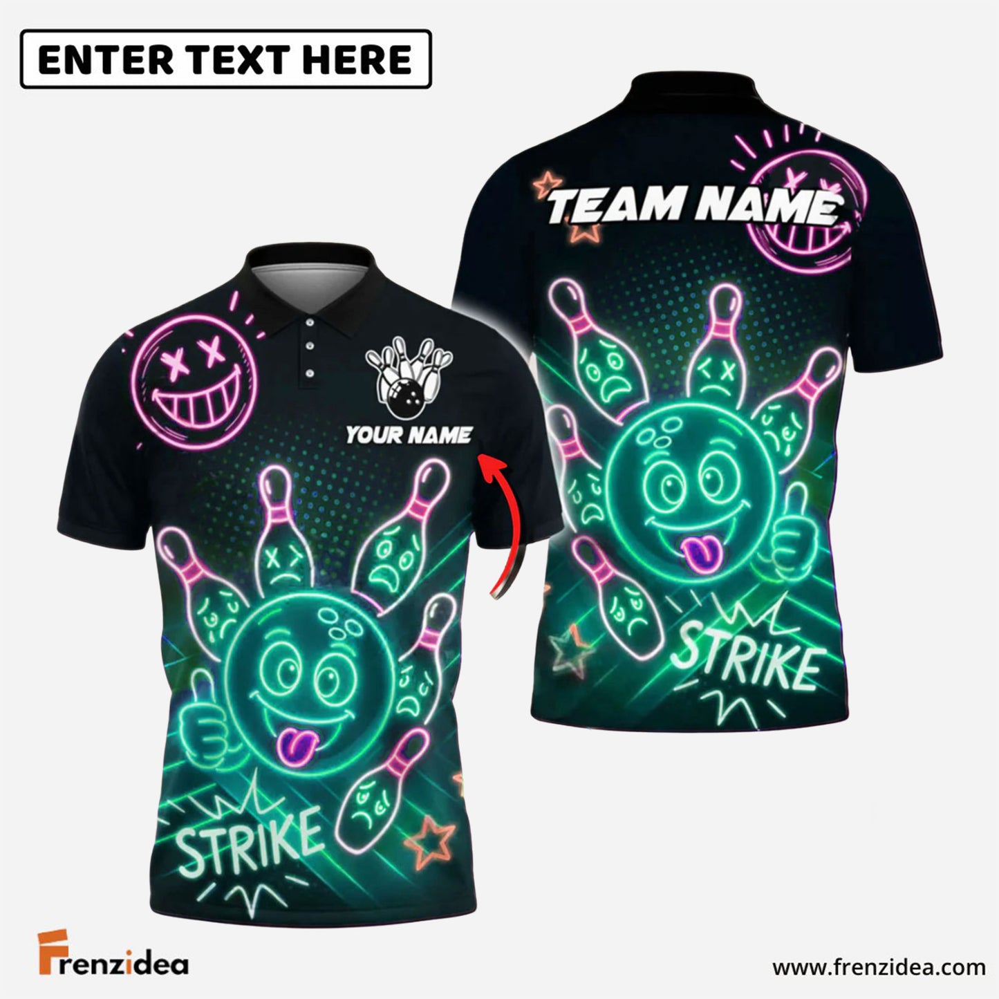 Frenzidea Bowling Neon Bowling Ball Strike Funny Customized Name, Team Name 3D Shirt (4 Colors)