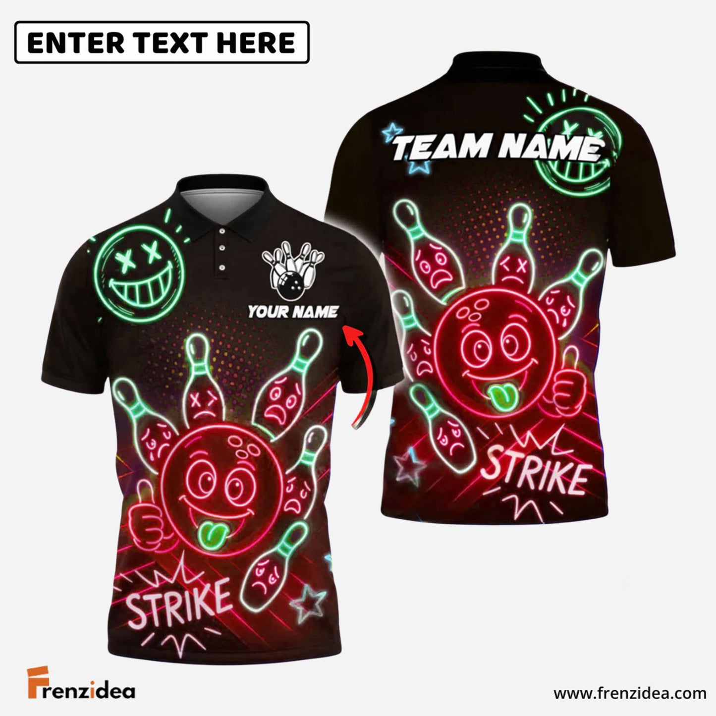 Frenzidea Bowling Neon Bowling Ball Strike Funny Customized Name, Team Name 3D Shirt (4 Colors)