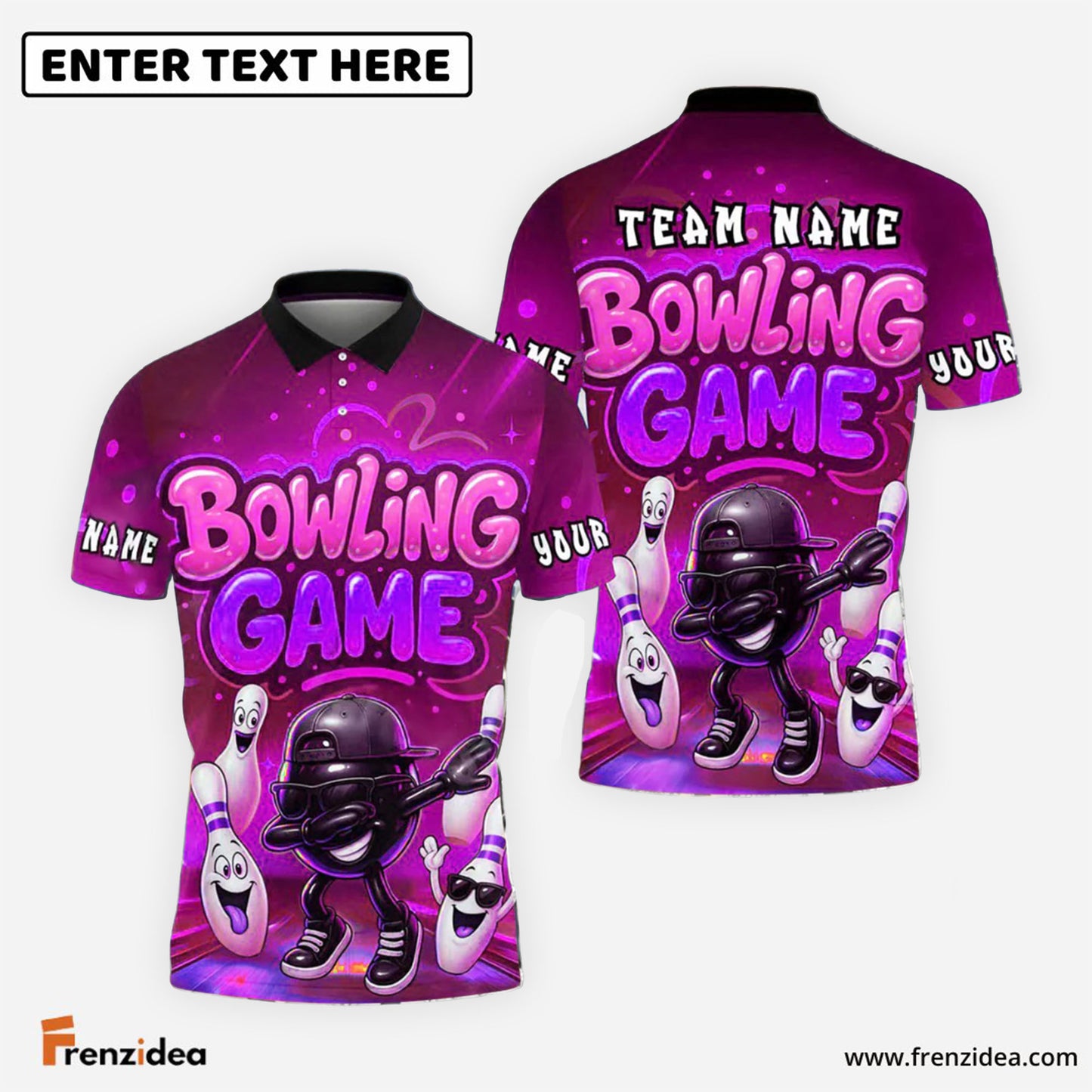 Frenzidea Bowling And Pins Cartoon Game Vibe Strike Pose Customized Name, Team Name 3D Shirt (4 Colors)